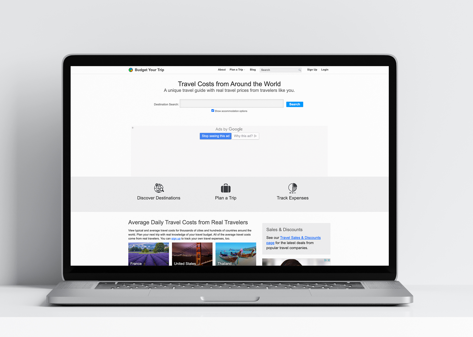 Laptop with search bar icons and travel images