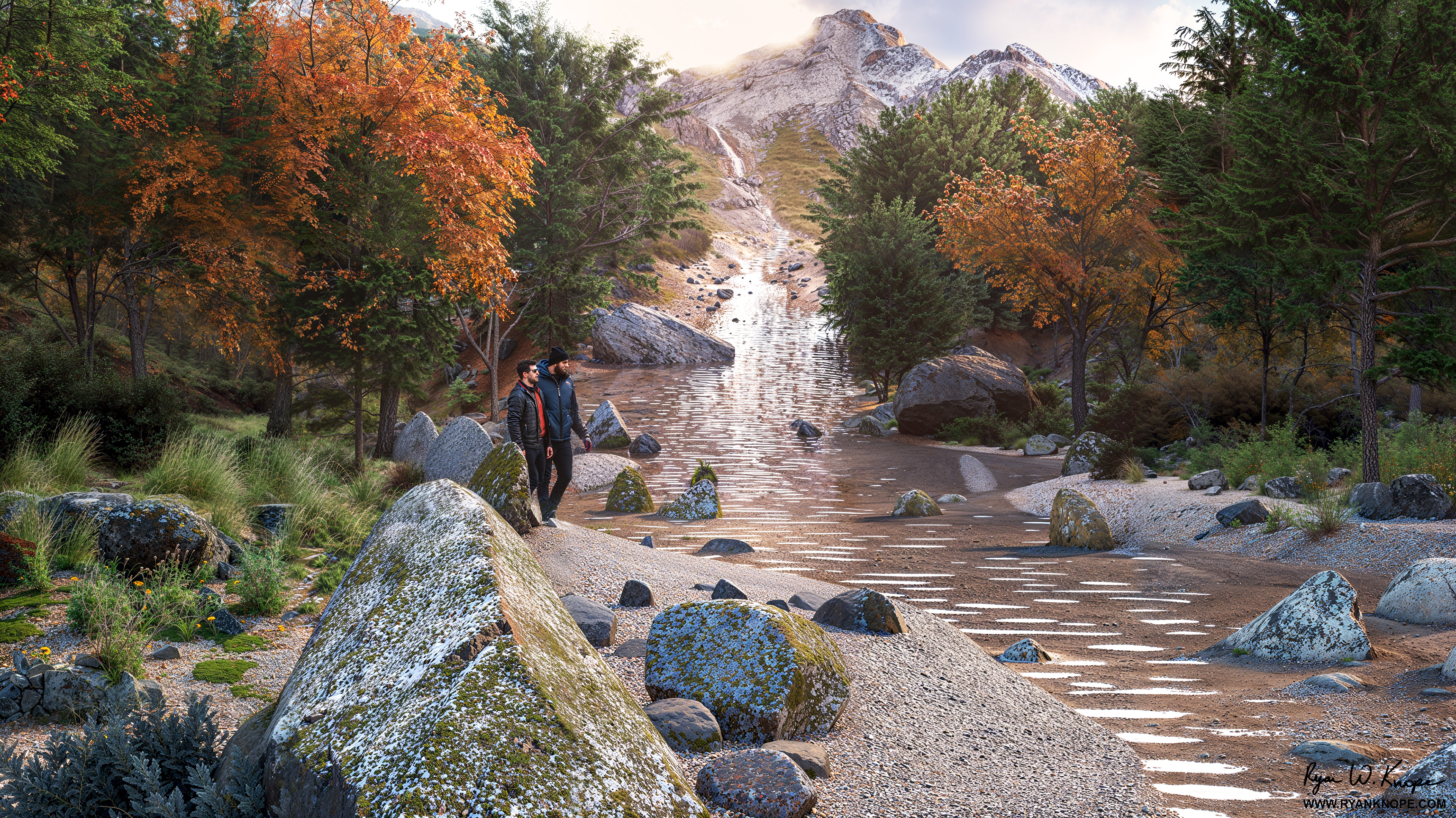 Photorealistic 3d rendering of two hikers by a mountain stream and forest