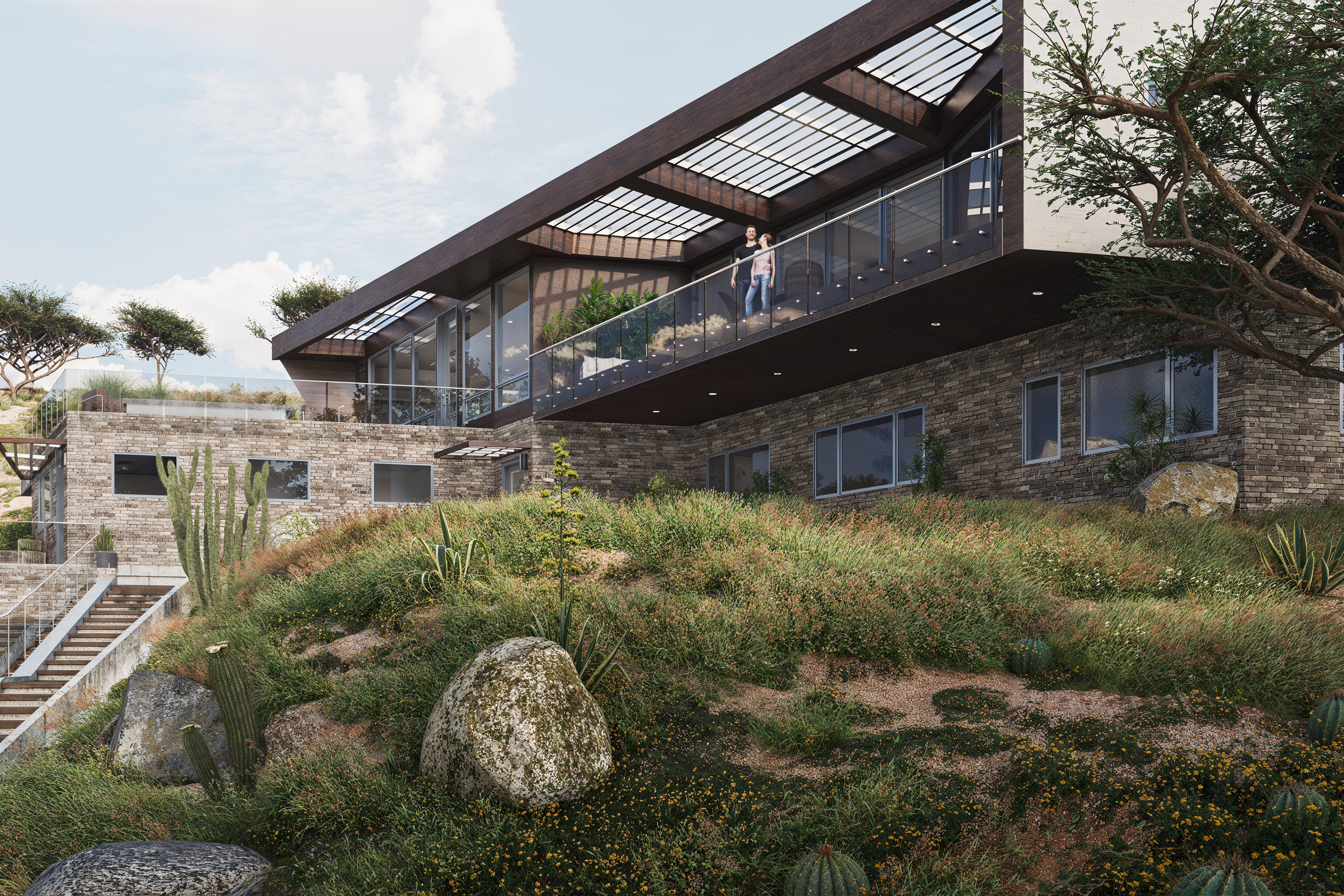 Rendering of the front of a large house in a mountain desert landscape