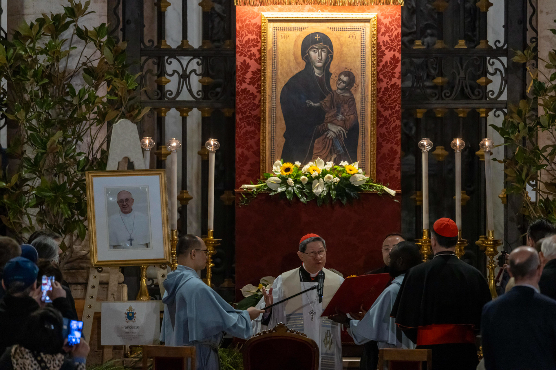 Philippine Cardinal Luis Antonio Tagle leads the recitation of the rosary for the repose of the soul of Pope Francis April 24, 2025, at Rome's Basilica of St. Mary Major, where the pope is to be buried April 26. (CNS photo/Pablo Esparza)