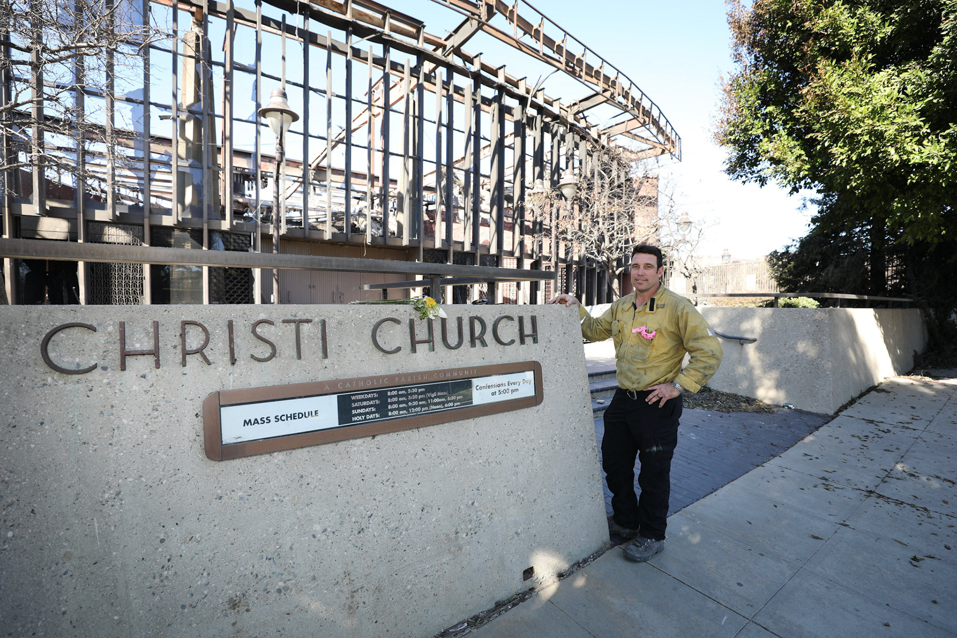 Capt. Bryan Nassour of the Los Angeles Fire Department poses outside the destroyed Corpus Christi Church in Pacific Palisades on the west side of Los Angeles Jan. 15, 2025, in the aftermath of the wildfires. Nassour  and other first responders help to recover items out of the church during the fire. (OSV News photo/Bob Roller)