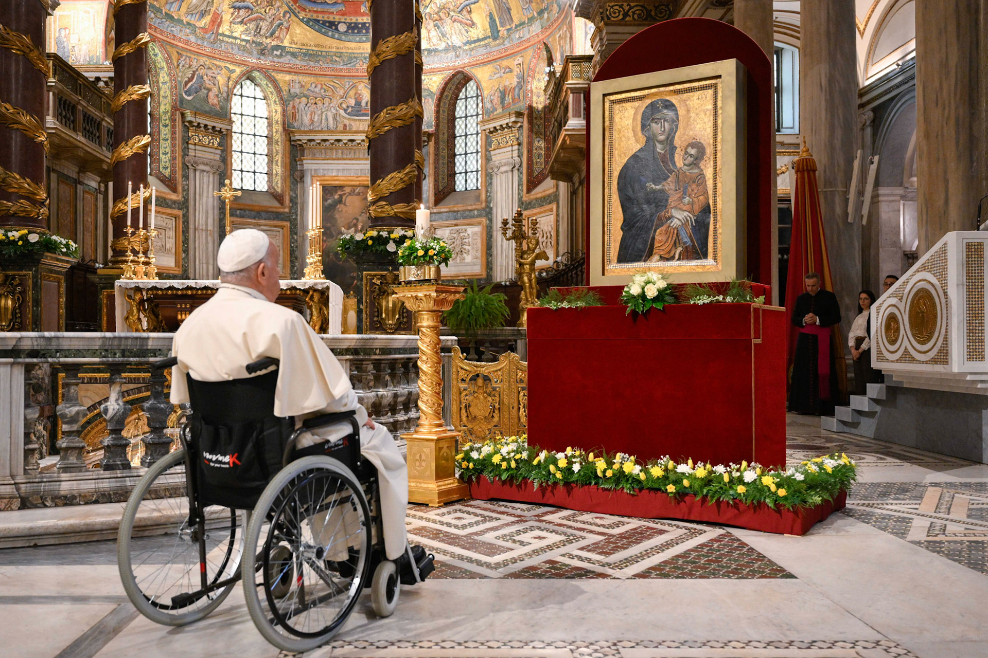 Pope Francis stops in prayer before the icon "Salus Populi Romani" ("health -- or salvation -- of the Roman people") after praying the rosary for peace in Rome's Basilica of St. Mary Major Oct. 6, 2024. Pope Francis died April 21, 2025, at age 88, and will be entombed in the basilica. (CNS photo/Vatican Media)
