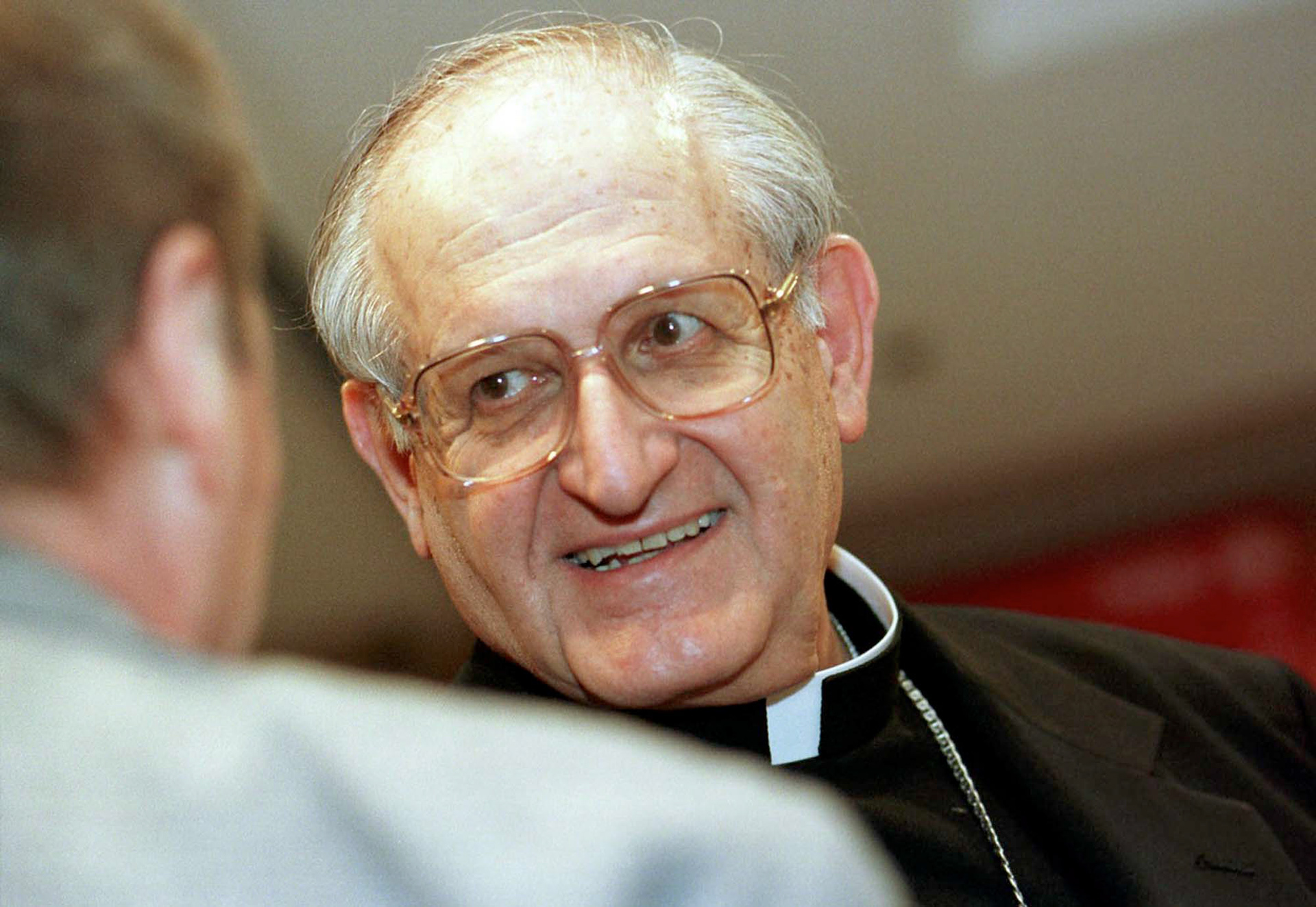 Bishop Joseph Fiorenza, president of the National Conference of Catholic Bishops, talks with a participant in the annual Catholic Social Ministry Gathering in Washington Feb. 27. Bishop Fiorenza celebrated the opening Mass for the meeting. (CNS photo by Nancy Wiechec) (March 1, 2000)
