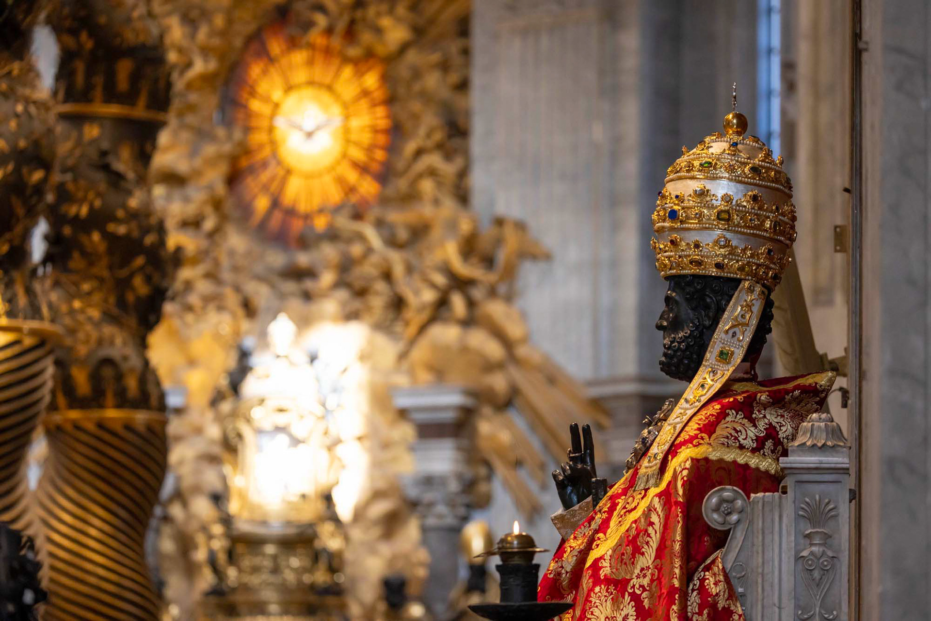 The statue of St. Peter is adorned with papal vestments for the feast of Sts. Peter and Paul as bishops and cardinals attend Mass celebrated by Pope Leo XIV in St. Peter’s Basilica at the Vatican June 29, 2025. (CNS photo/Pablo Esparza)