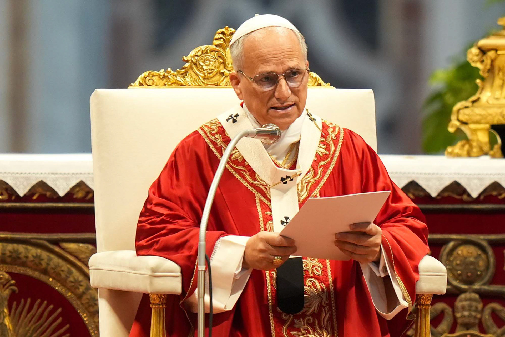 Pope Leo XIV gives his homily during Mass for the feast of Sts. Peter and Paul in St. Peter’s Basilica at the Vatican June 29, 2025. The pope wore red vestments to recall the martyrdom of the two saints. (CNS photo/Lola Gomez)