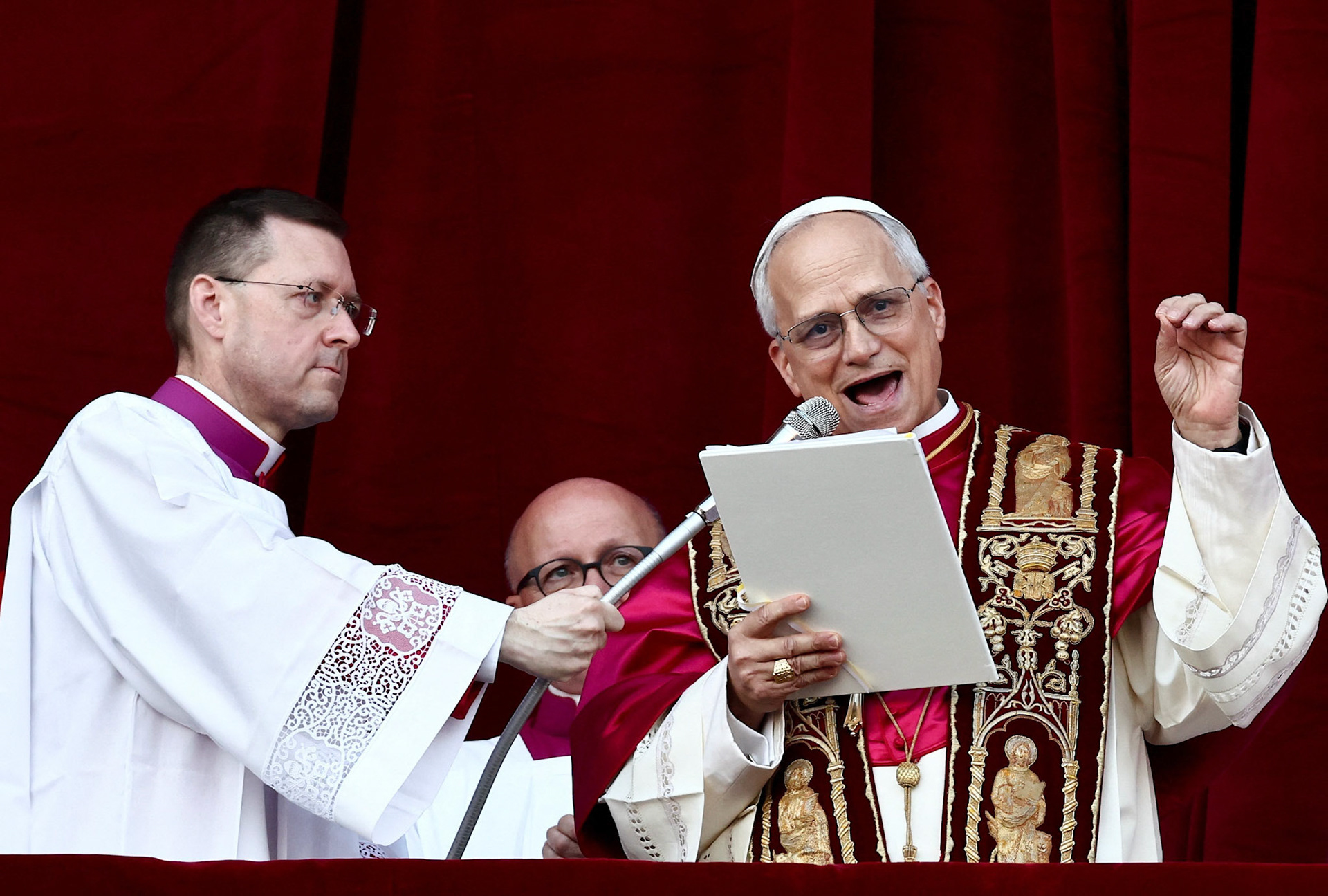 Cardinal Robert Francis Prevost, who has chosen the papal name Leo XIV, speaks on the central balcony of St. Peter's Basilica at the Vatican May 8, 2025, following his election during the conclave. He is the first American pope in history. (OSV News photo/Yara Nardi, Reuters)