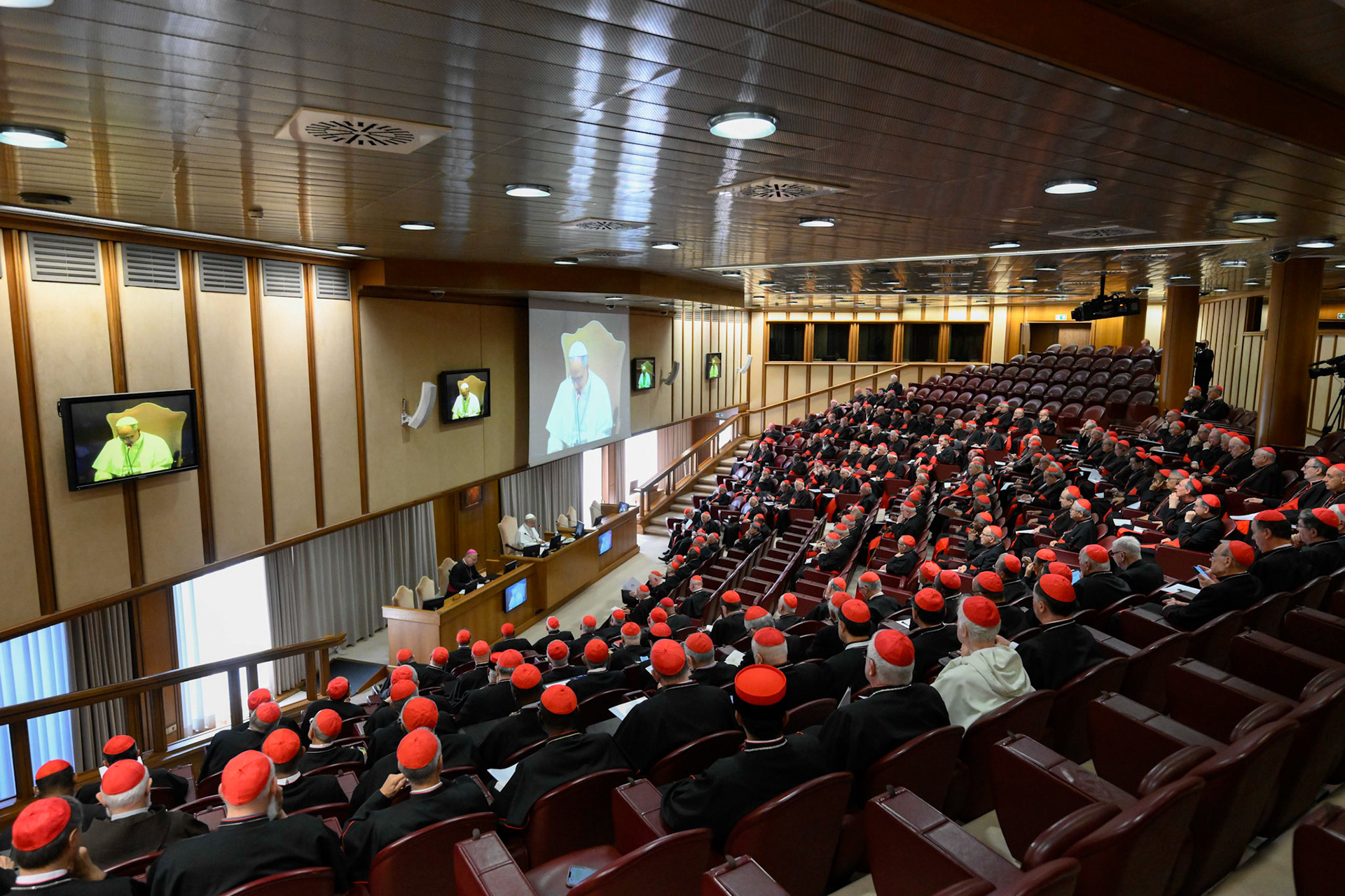 Pope Leo XIV speaks with the College of Cardinals in the New Synod Hall at the Vatican May 10, 2025, during his first formal address to the college since his election May 8. (CNS photo/Vatican Media)