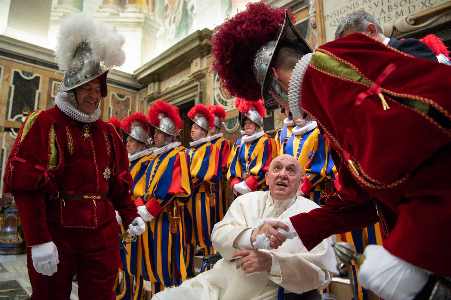 Pope Francis meets with new members of the Swiss Guard ahead of their swearing-in ceremony at the Vatican May 6, 2022. (CNS photo/Vatican Media)