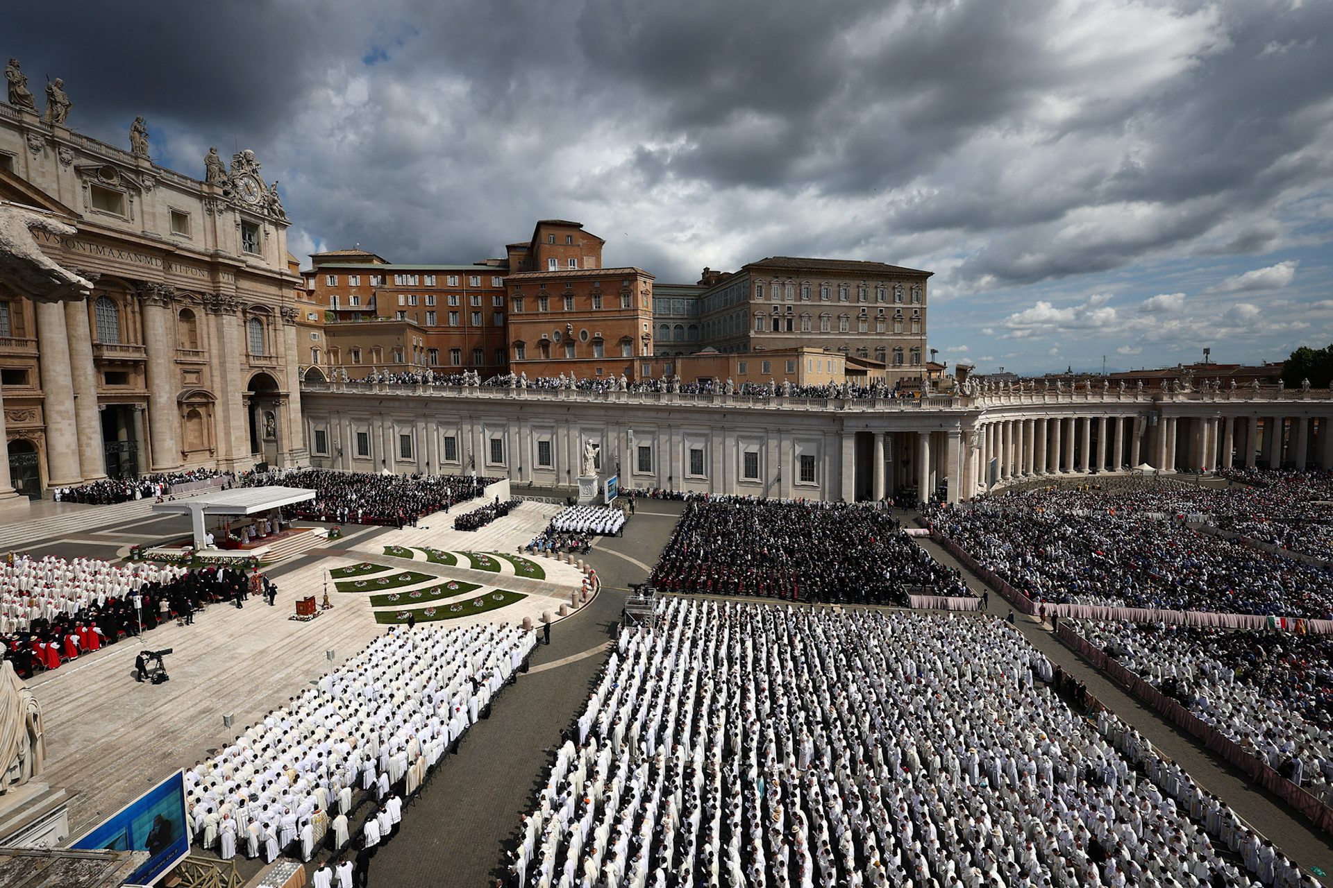 A large crowd is seen as Pope Leo XIV, formerly Cardinal Robert Francis Prevost, celebrates his inauguration Mass at the Vatican May 18, 2025. He is the first American pope in history. (OSV News photo/Guglielmo Mangiapane, Reuters)