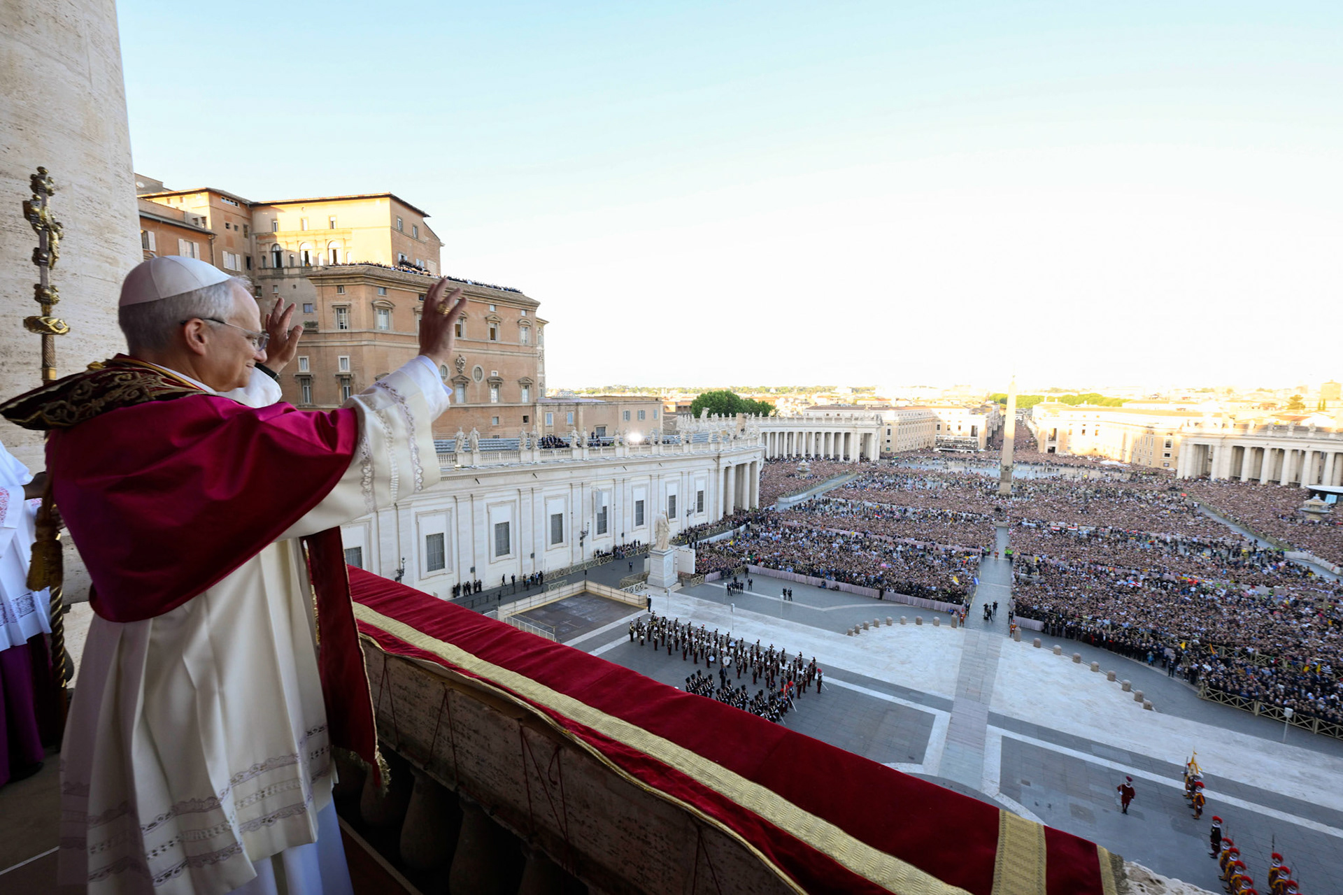 Pope Leo XIV, the former Cardinal Robert F. Prevost, waves to the crowds in St. Peter's Square at the Vatican after his election as pope May 8, 2025. The new pope was born in Chicago. (CNS photo/Vatican Media)