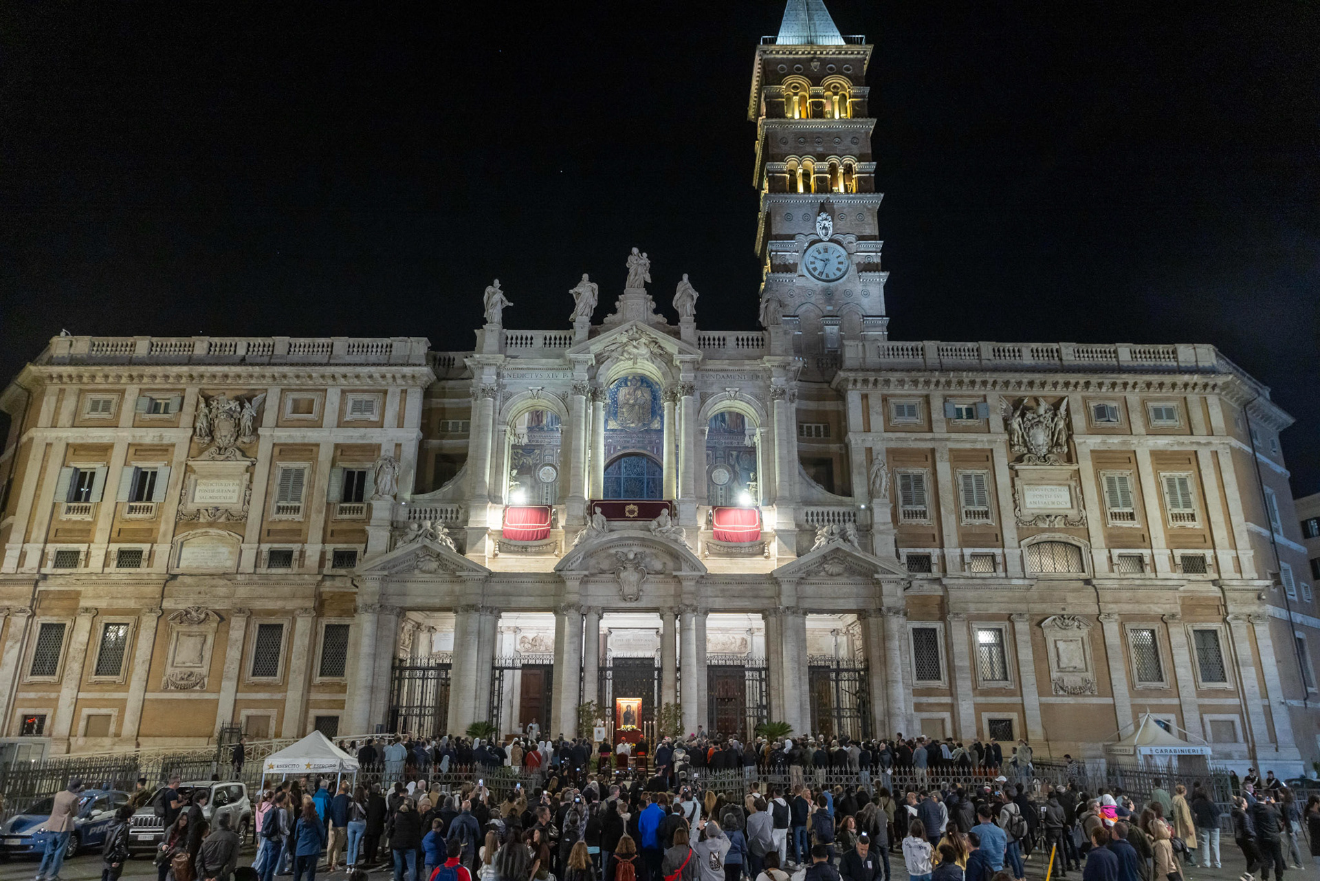 People gather to pray the rosary for the repose of the soul of Pope Francis April 24, 2025, at Rome's Basilica of St. Mary Major, where the pope is to be buried April 26. (CNS photo/Pablo Esparza)