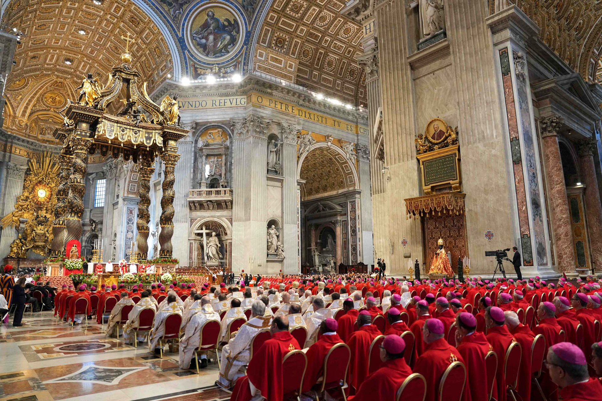 Pope Leo XIV gives his homily during Mass for the feast of Sts. Peter and Paul in St. Peter’s Basilica at the Vatican June 29, 2025. The pope wore red vestments to recall the martyrdom of the two saints. (CNS photo/Lola Gomez)