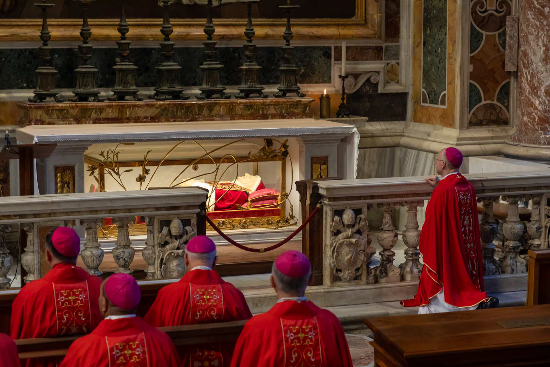 Archbishops pray before the remains of St. John XXIII in St. Peter's Basilica at the Vatican June 29, 2025 for the feast of Sts. Peter and Paul. (CNS photo/Pablo Esparza)