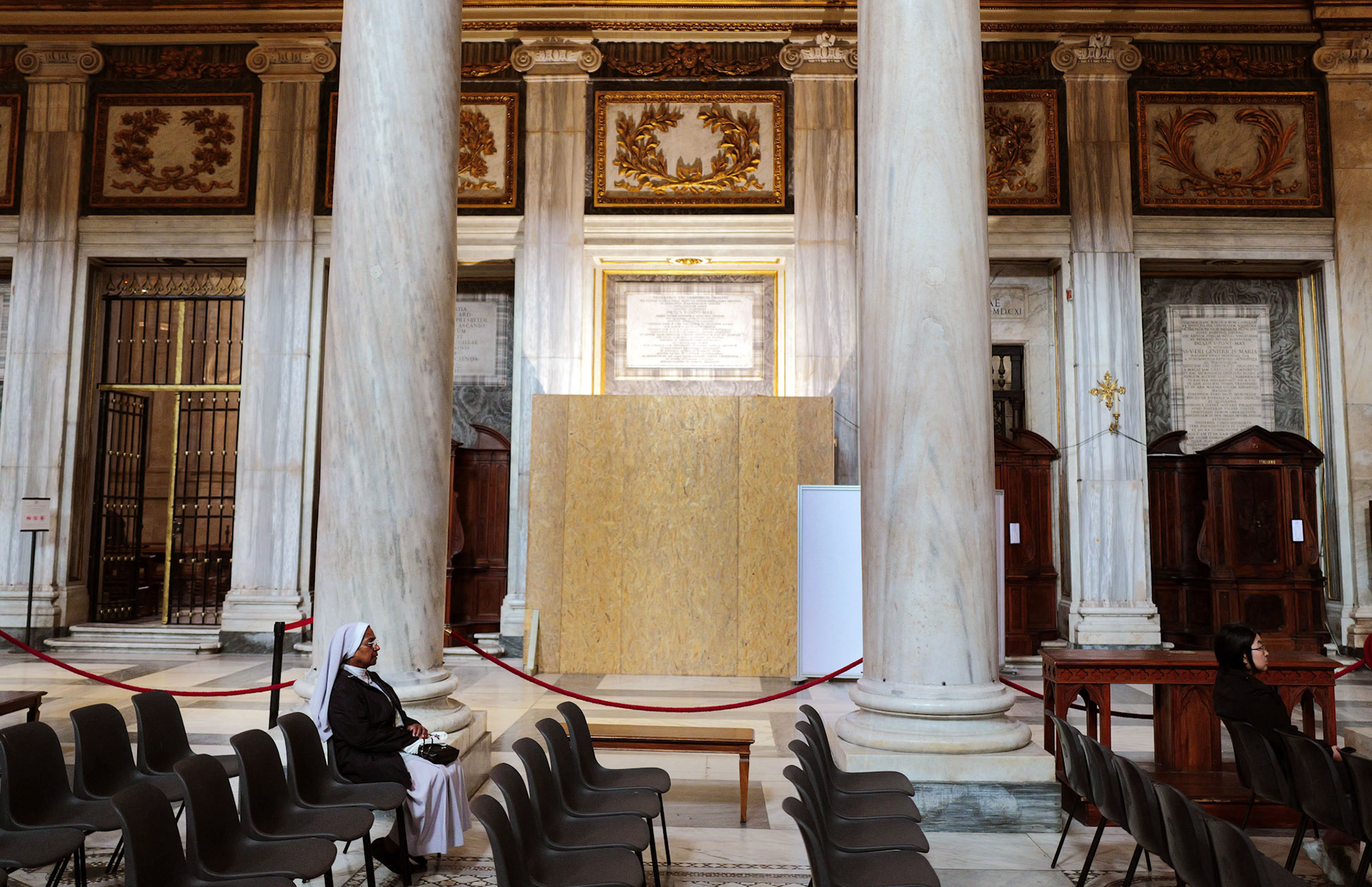 A nun prays near the site for the tomb of Pope Francis at Rome's Basilica of St. Mary Major April 25, 2025, where the pope is to be buried April 26. Pope Francis, formerly Argentine Cardinal Jorge Mario Bergoglio, died April 21 at age 88. (OSV News photo/Kai Pfaffenbach, Reuters)