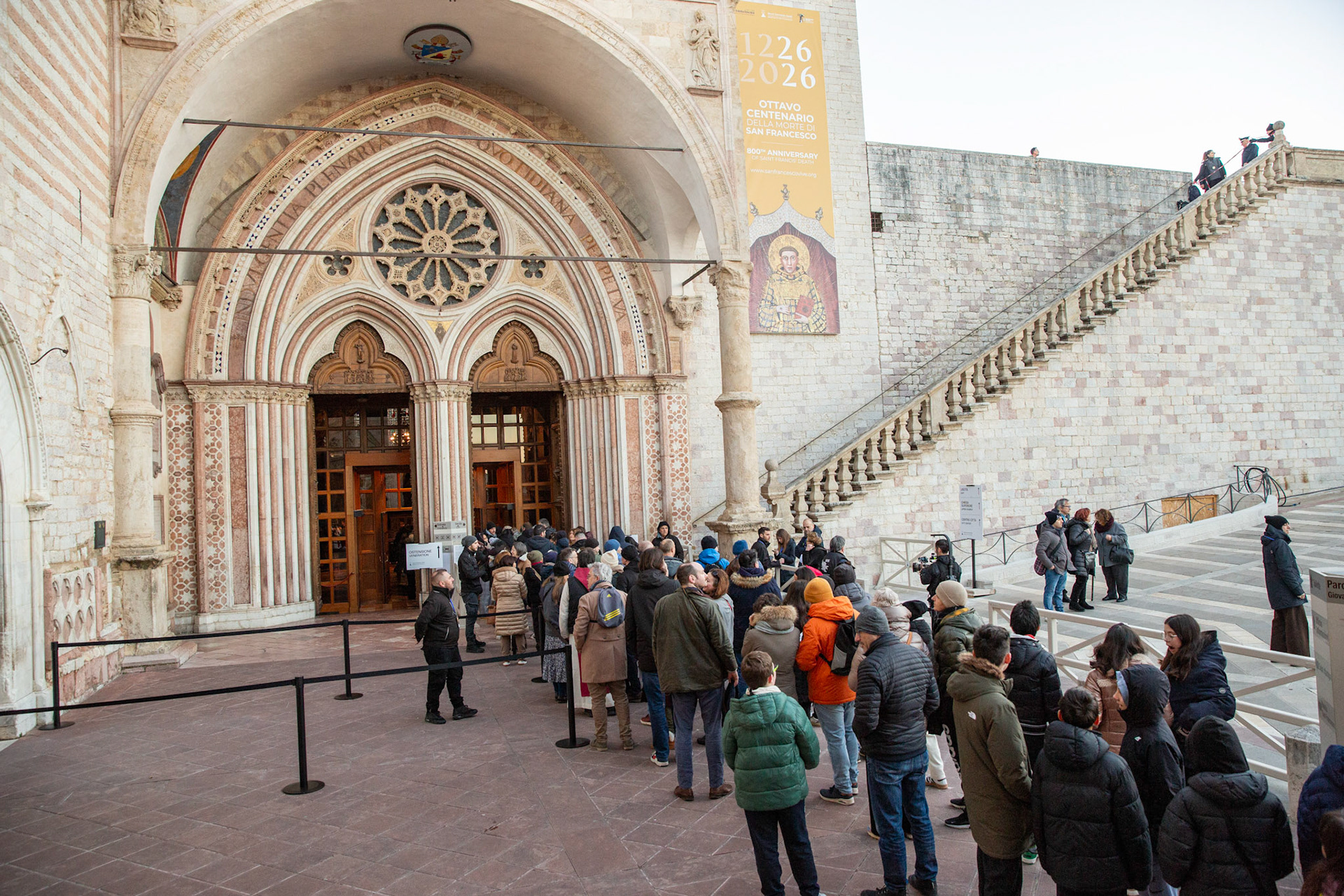 Pilgrims wait in line to venerate the relics of St. Francis outside the Lower Church of the Basilica of St. Francis of Assisi in Italy during a historic, monthlong public veneration, which ran from Feb. 22 to March 22, 2026. (OSV News photo/courtesy Basilica of St. Francis of Assisi)