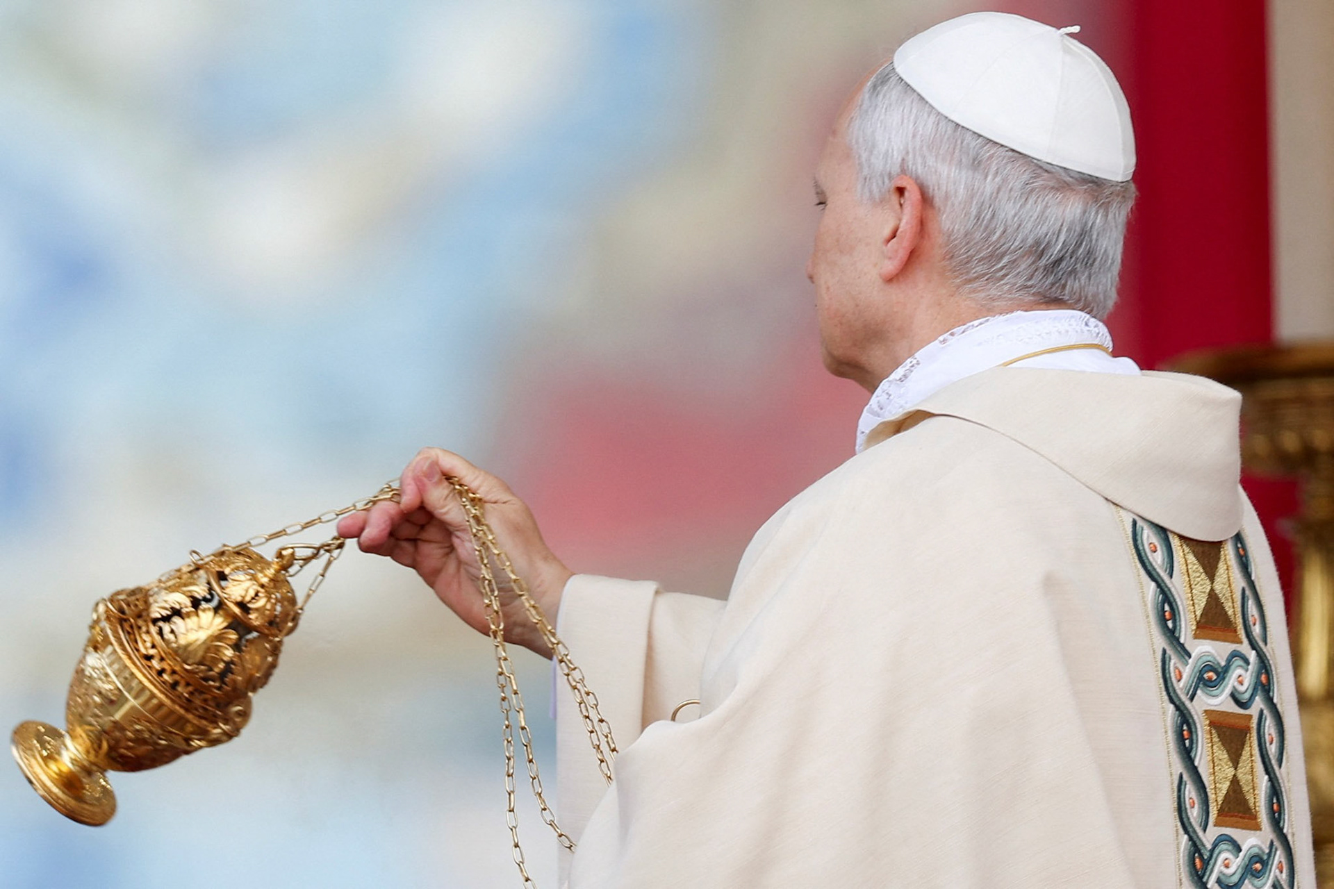 Pope Leo XIV, formerly Cardinal Robert Francis Prevost, swings a censer as he celebrates his inauguration Mass at the Vatican May 18, 2025. He is the first American pope in history. (OSV News photo/Claudia Greco, Reuters)