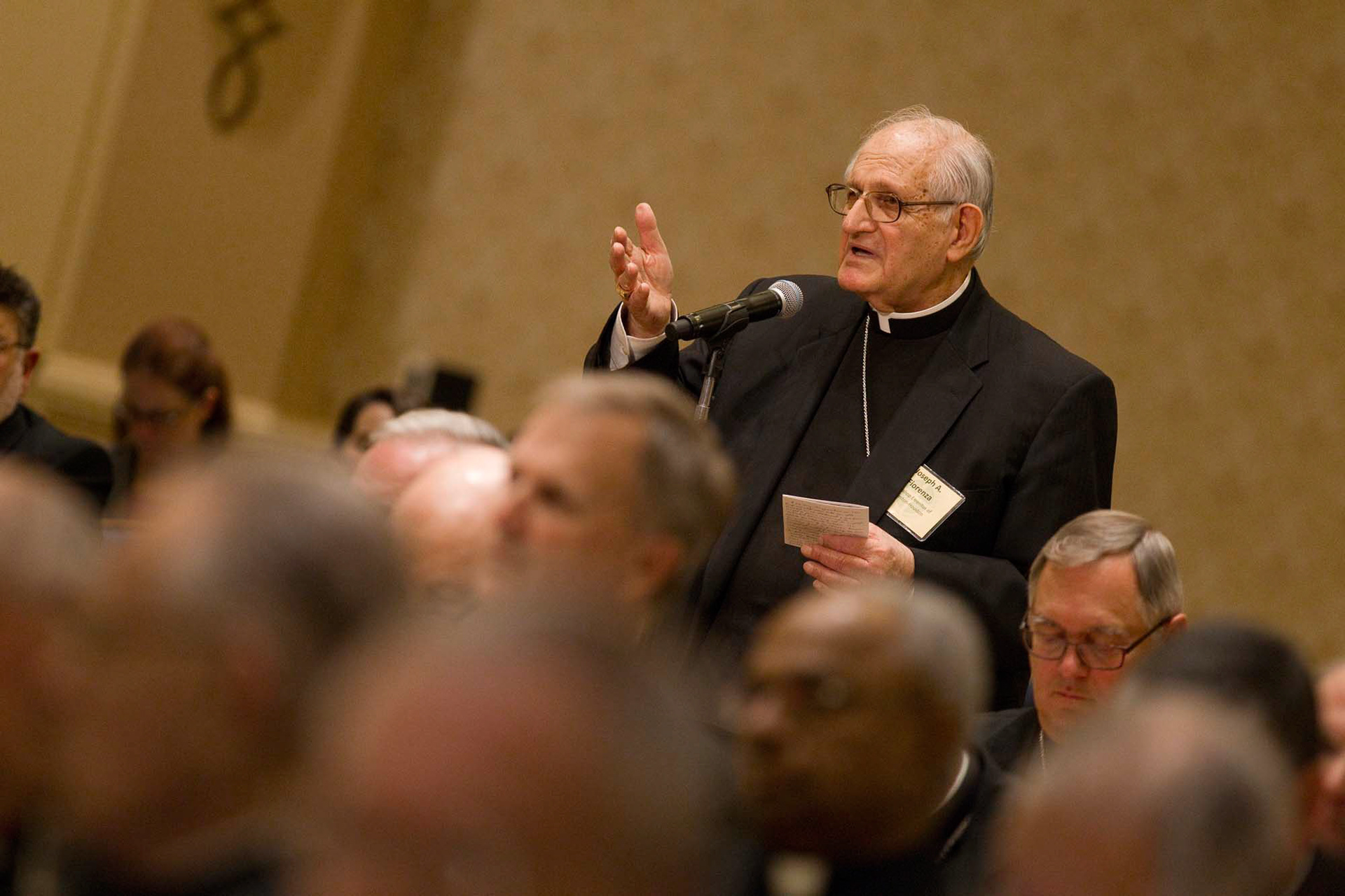 Archbishop Joseph A. Fiorenza of Galveston-Houston address the U.S. bishops from the floor of their annual fall meeting in Washington Nov. 12. (CNS photo/Nancy Phelan Wiechec) (Nov. 12, 2012) See stories BISHOPS- Nov. 12, 2012.