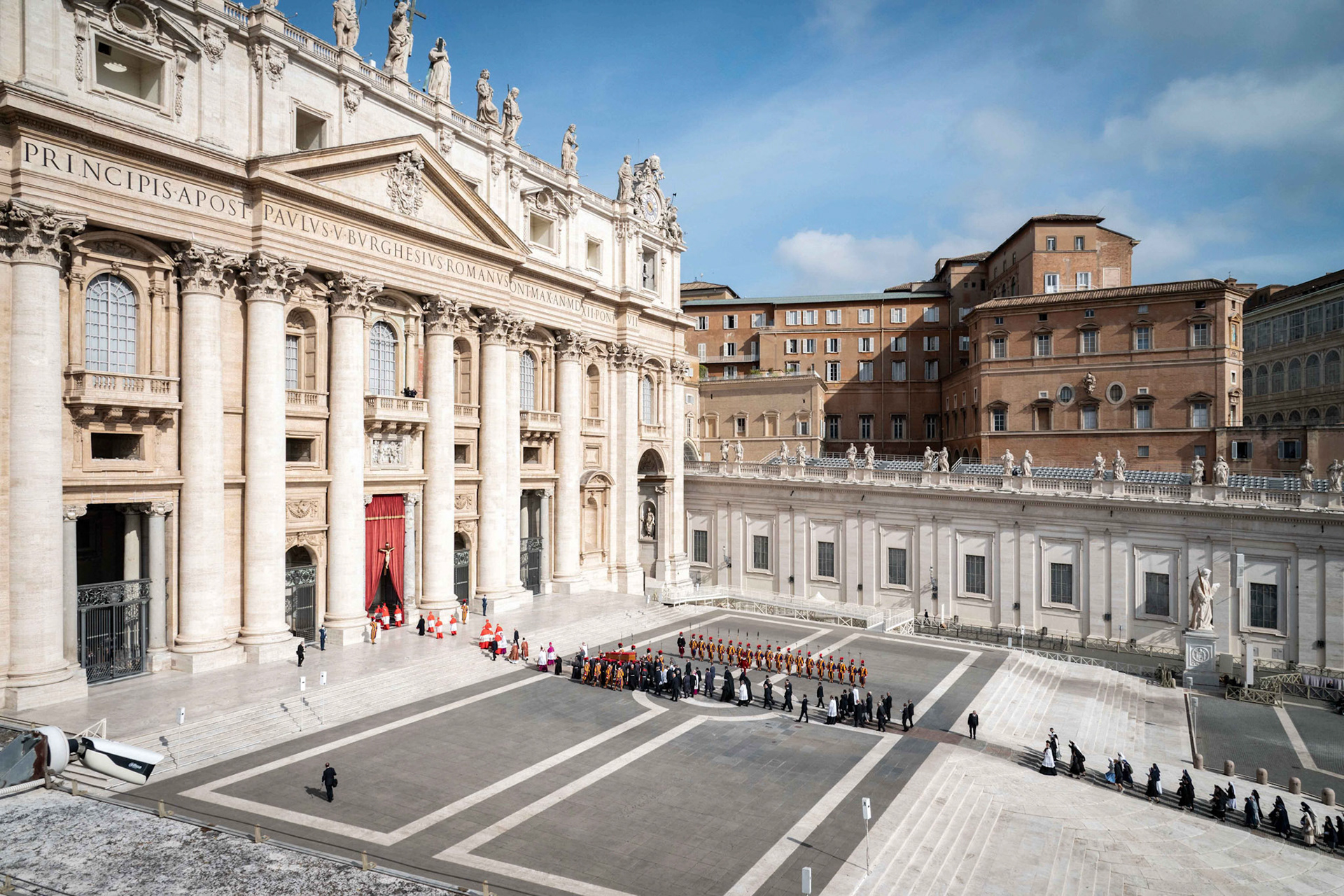 Pallbearers carry the body of Pope Francis in an open casket into St. Peter’s Basilica at the Vatican April 23, 2025, following a procession through St. Peter’s Square. (CNS photo/Cristian Gennari, pool)