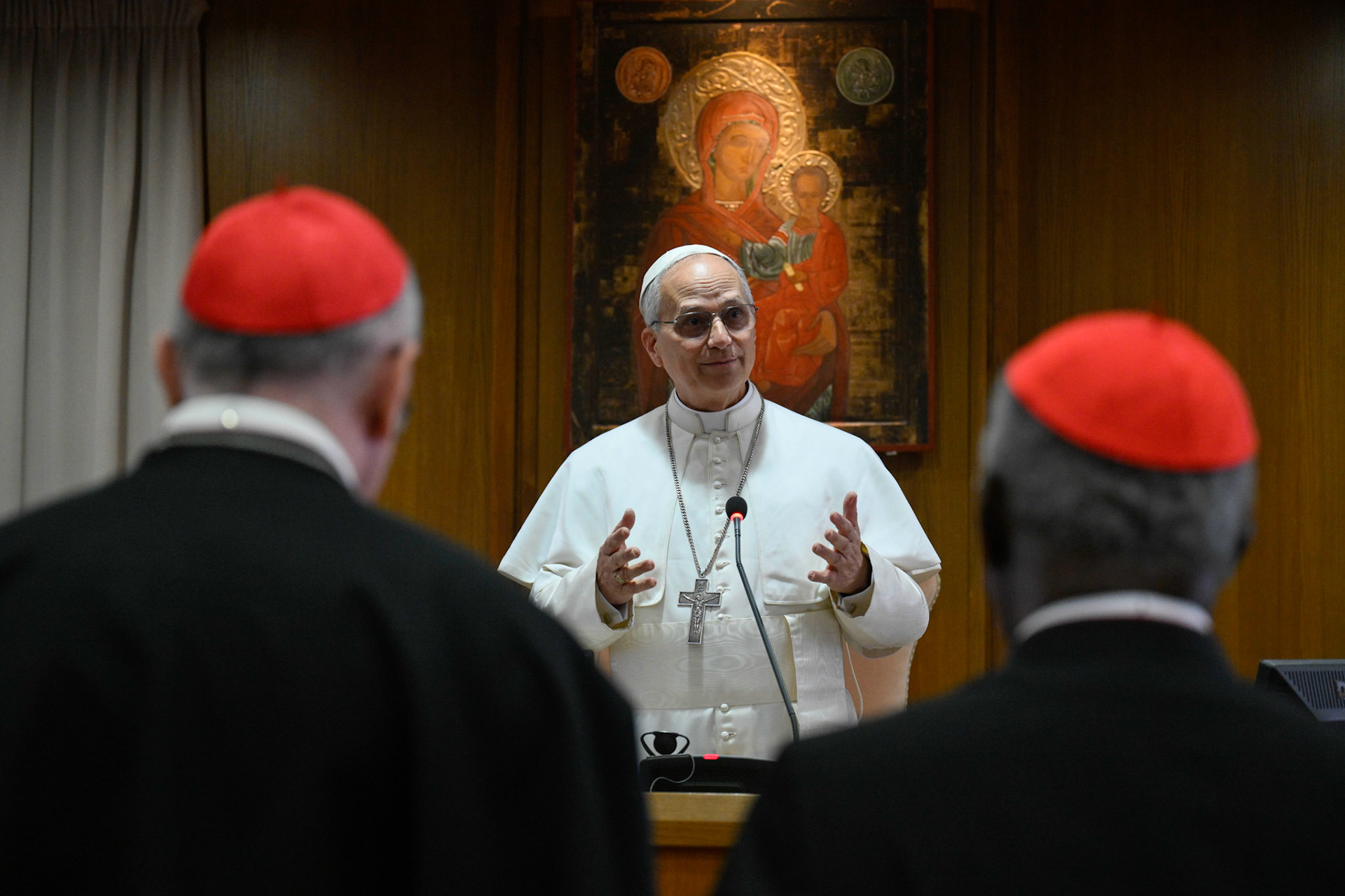 Pope Leo XIV speaks with the College of Cardinals in the New Synod Hall at the Vatican May 10, 2025, during his first formal address to the college since his election May 8. (CNS photo/Vatican Media)