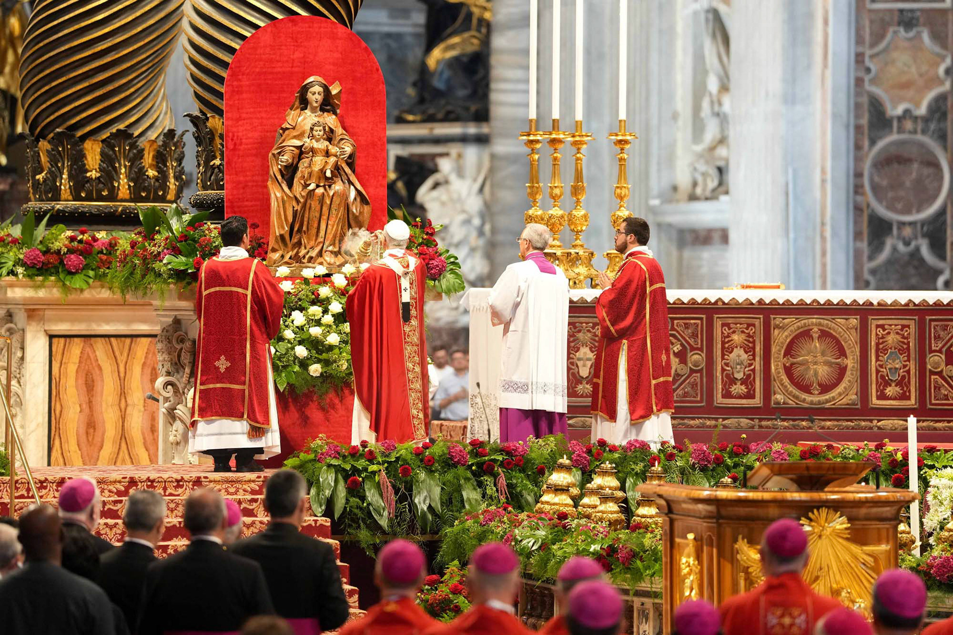Pope Leo XIV incenses a statue of Mary and the child Jesus at the start of Mass for the feast of Sts. Peter and Paul in St. Peter’s Basilica at the Vatican June 29, 2025. (CNS photo/Lola Gomez)