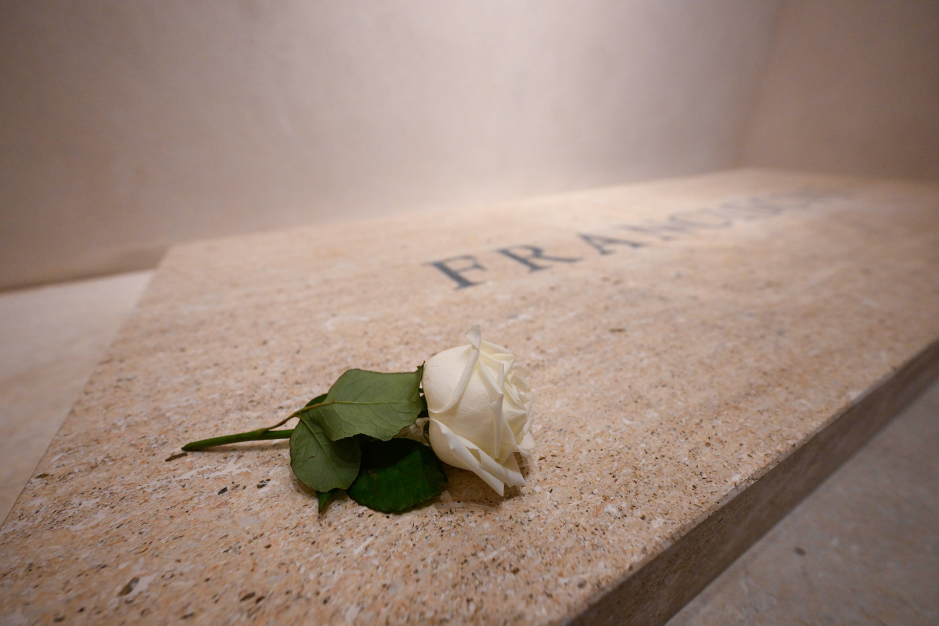 A single white rose sits on the tomb of Pope Francis in Rome's Basilica of St. Mary Major early April 27, 2025. (CNS photo/Vatican Media)