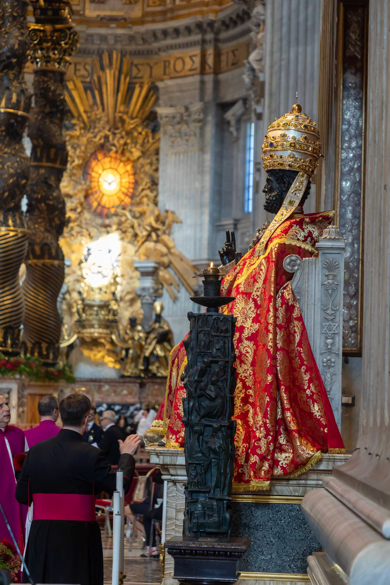 The statue of St. Peter is adorned with papal vestments for the feast of Sts. Peter and Paul as bishops and cardinals attend Mass celebrated by Pope Leo XIV in St. Peter’s Basilica at the Vatican June 29, 2025. (CNS photo/Pablo Esparza)