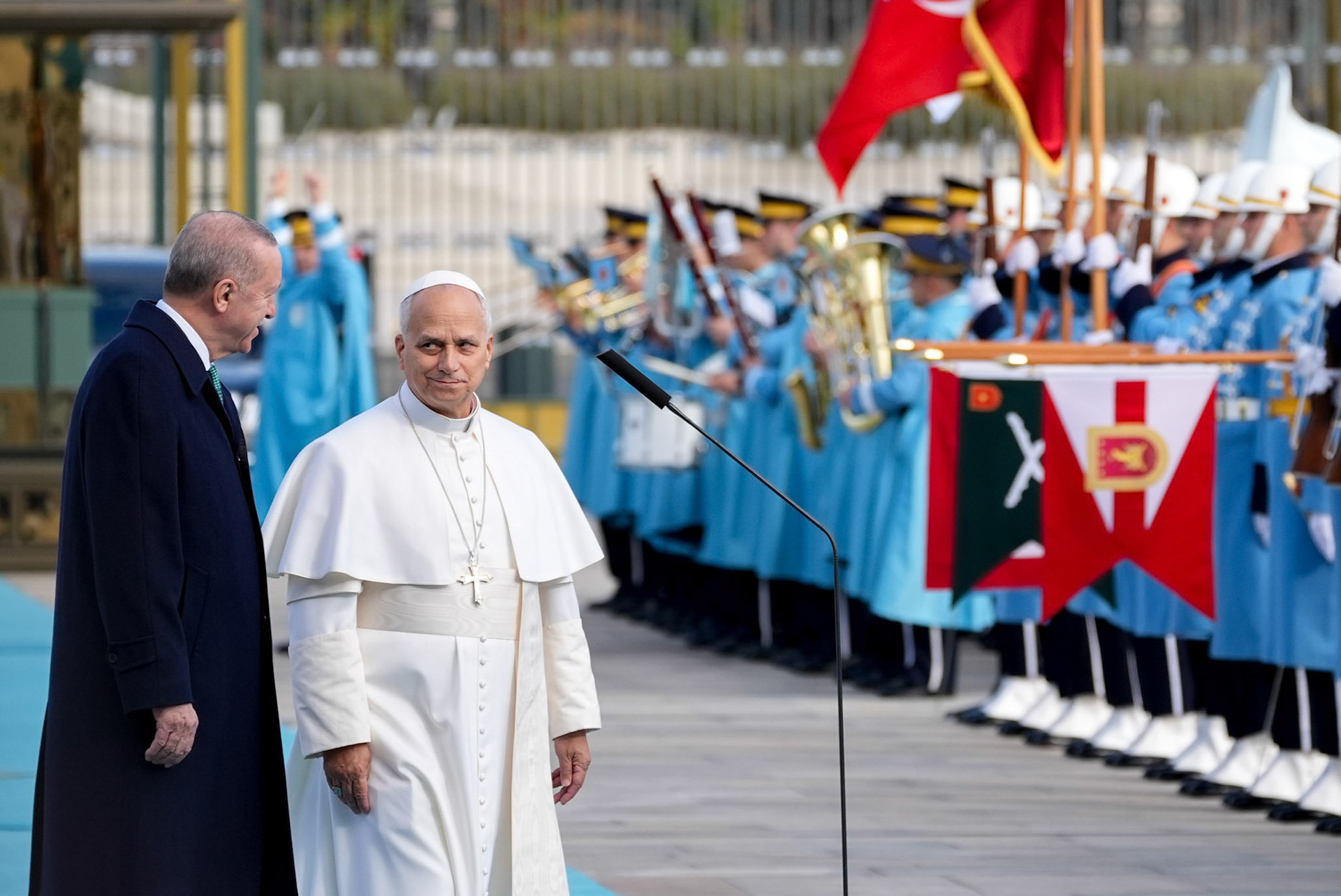 Pope Leo XIV is welcomed to the presidential palace in Ankara, Turkey, by Turkish President Recep Tayyip Erdogan Nov. 27, 2025, the first stop on Pope Leo's first foreign papal trip. (CNS photo/Lola Gomez)