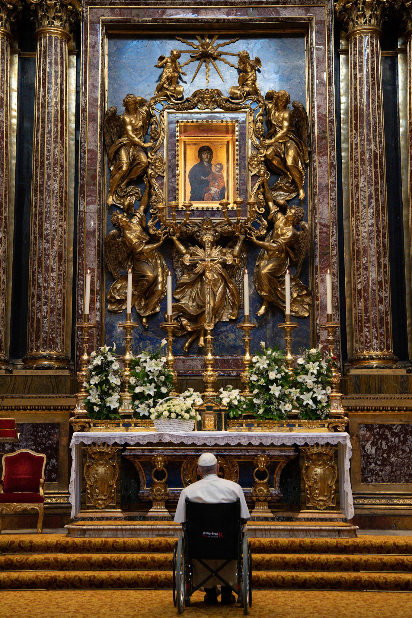 Pope Francis prays in front of the Marian icon "Salus Populi Romani" during a visit to pray the rosary at the Basilica of St. Mary Major in Rome May 31, 2022. Pope Francis died April 21, 2025, at age 88. He will be entombed at the basilica. (CNS photo/Vatican Media)