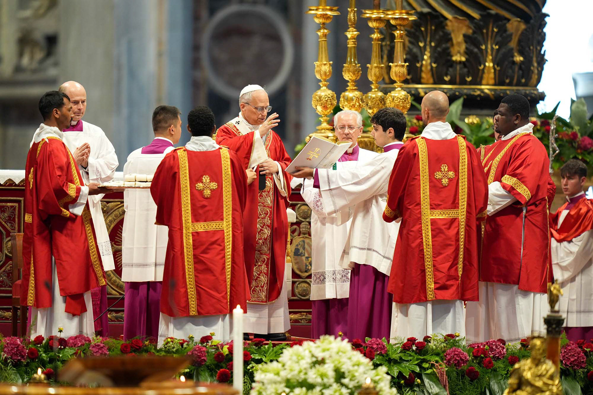 Pope Leo XIV blesses palliums to be given to metropolitan archbishops appointed over the last year during the feast of Sts. Peter and Paul in St. Peter’s Basilica at the Vatican June 29, 2025. (CNS photo/Lola Gomez)