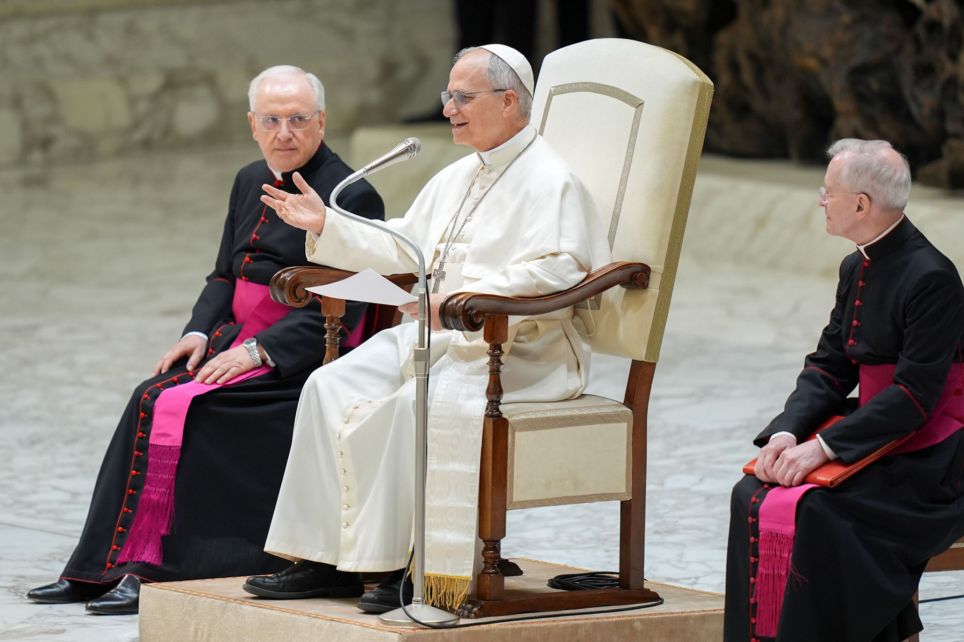 Pope Leo XIV speaks to representatives of the media who covered his election in the Paul VI Audience Hall at the Vatican May 12, 2025. (CNS photo/Lola Gomez)