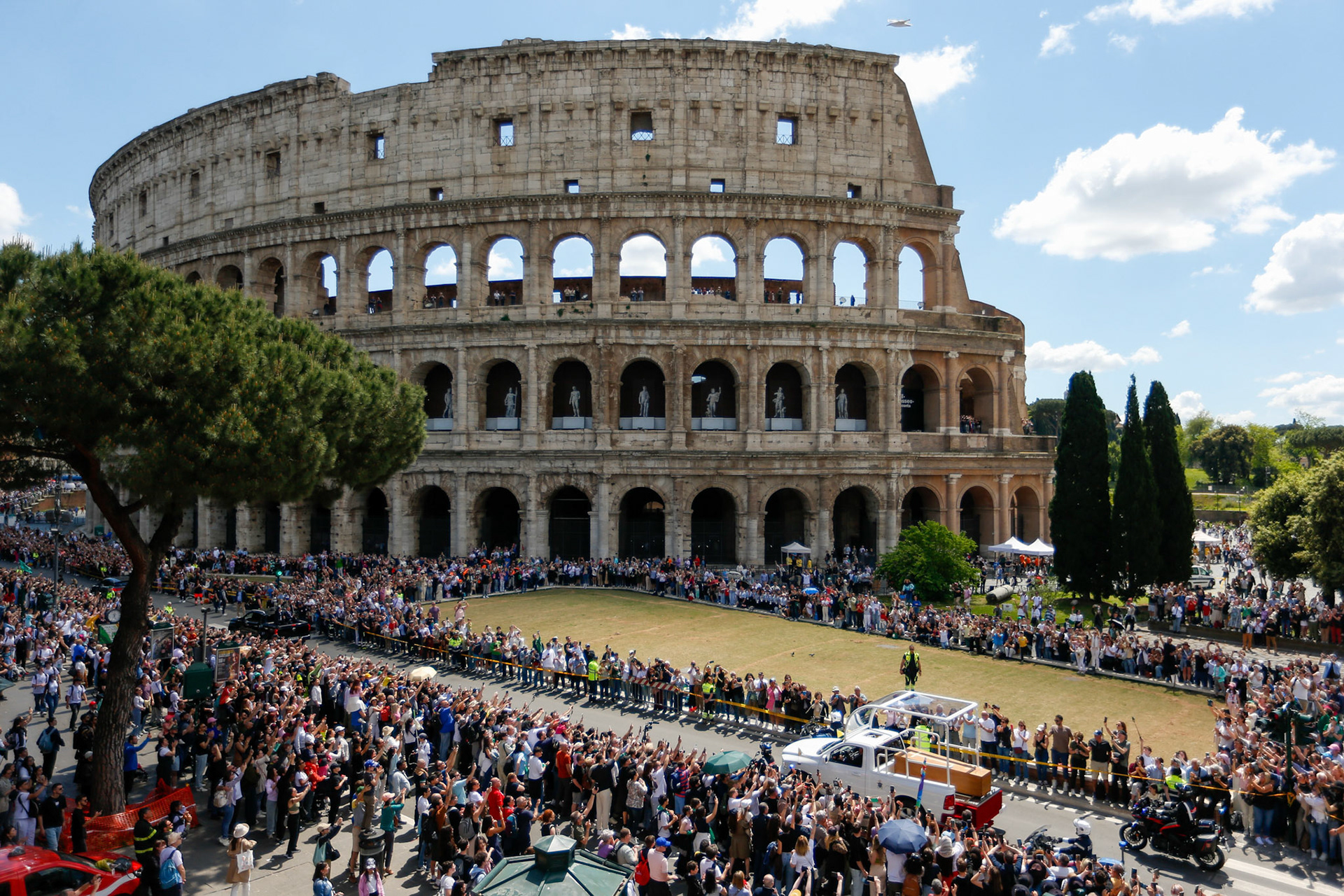 Pope Francis' casket is driven past the Colosseum on its way toward his burial place in the Basilica of St. Mary Major in Rome April 26, 2025. (CNS photo/Justin McLellan)