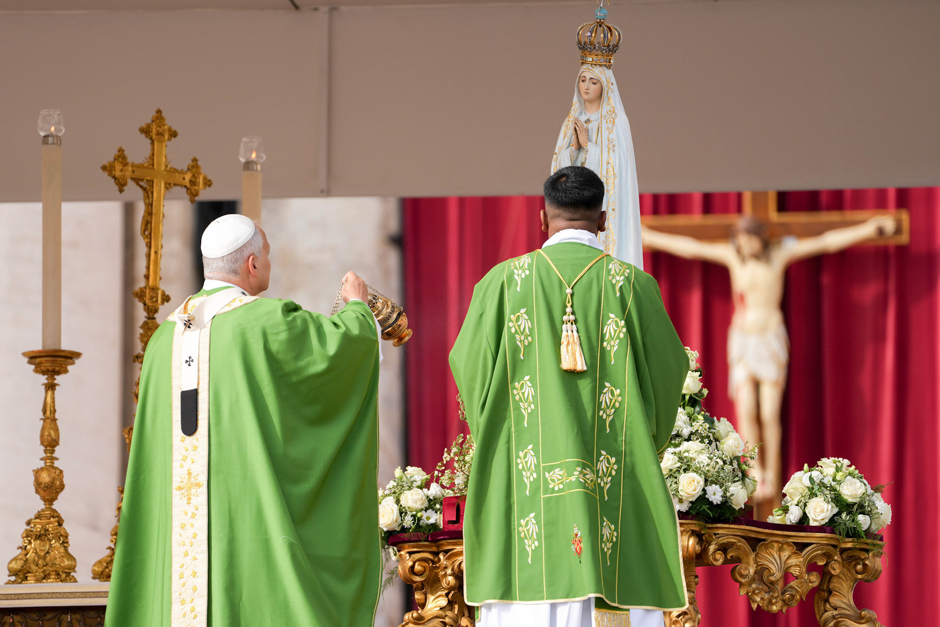 Pope Leo XIV incenses the original statue of Our Lady of Fatima during Mass as part of the Jubilee of Marian Spirituality in St. Peter’s Square at the Vatican Oct. 12, 2025. (CNS photo/Lola Gomez)