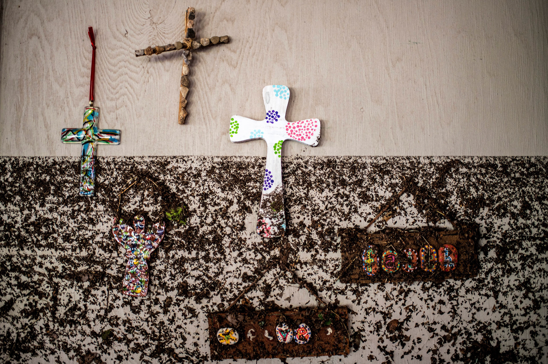 Crosses hang on a wall marked by the flood water at Camp Mystic in Kerr County, Texas, July 7, 2025, in the aftermath of deadly flooding. Flash floods in Texas killed more than 100 people over the Fourth of July holiday weekend, including girls attending a summer camp, and left others still missing. (OSV News photo/Sergio Flores, Reuters)