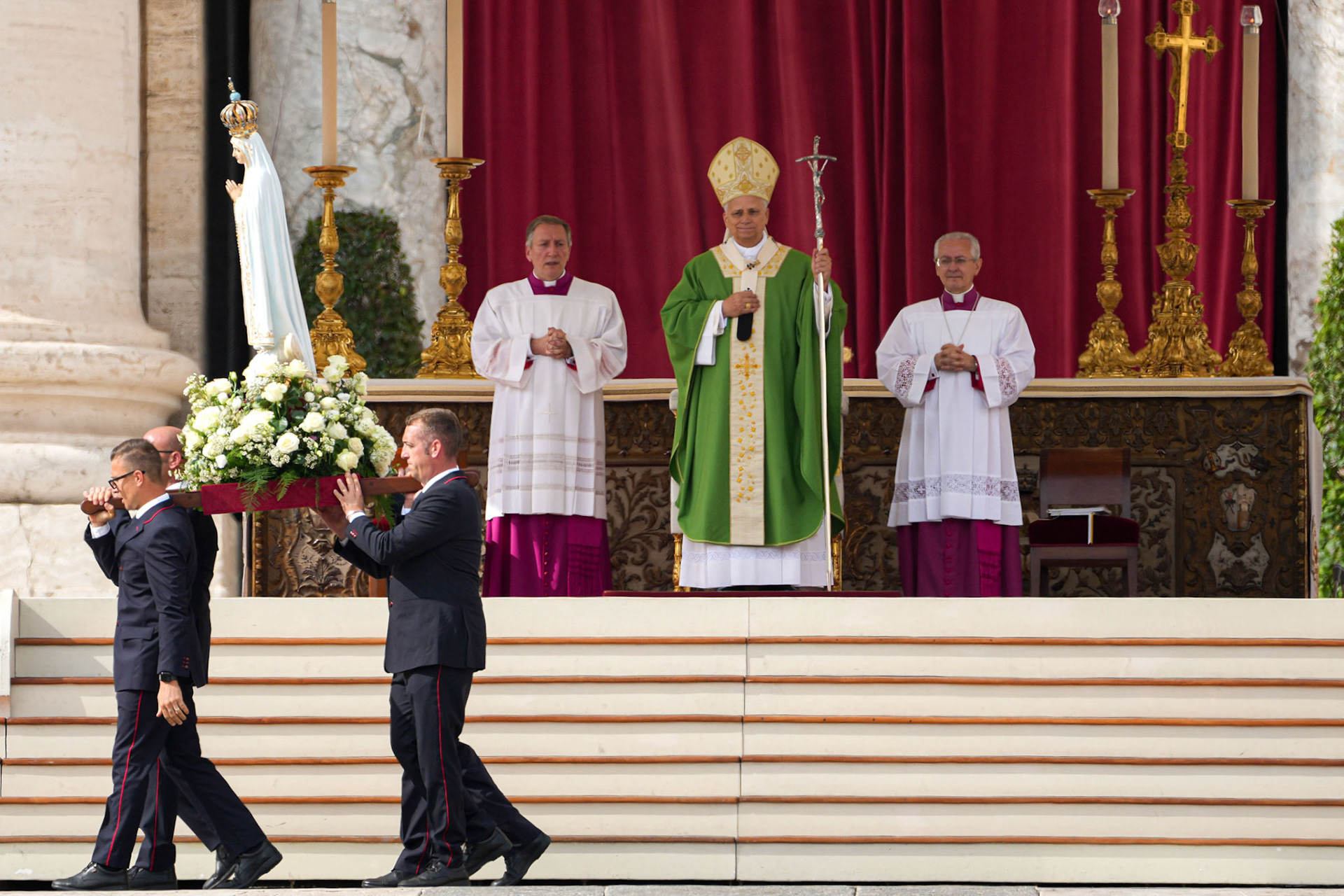 Pope Leo XIV looks on as the original statue of Our Lady of Fatima is carried away at the end of Mass in St. Peter’s Square at the Vatican Oct. 12, 2025, celebrated as part of the Jubilee of Marian Spirituality. (CNS photo/Lola Gomez)