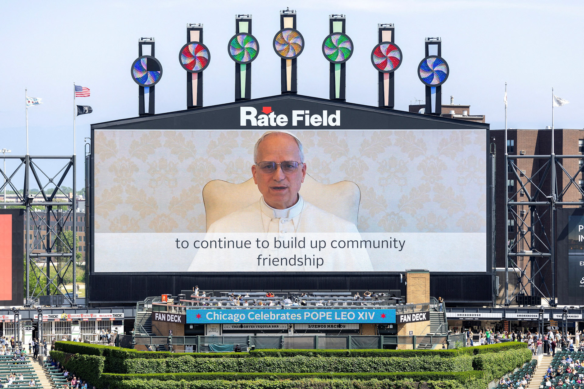 Pope Leo XIV delivers a video message during a public celebration hosted by the Chicago White Sox and the Archdiocese of Chicago for the election of Pope Leo XIV, featuring a Mass at Rate Field in Chicago June 14, 2025. (OSV News photo/Carlos Osorio, via Reuters)