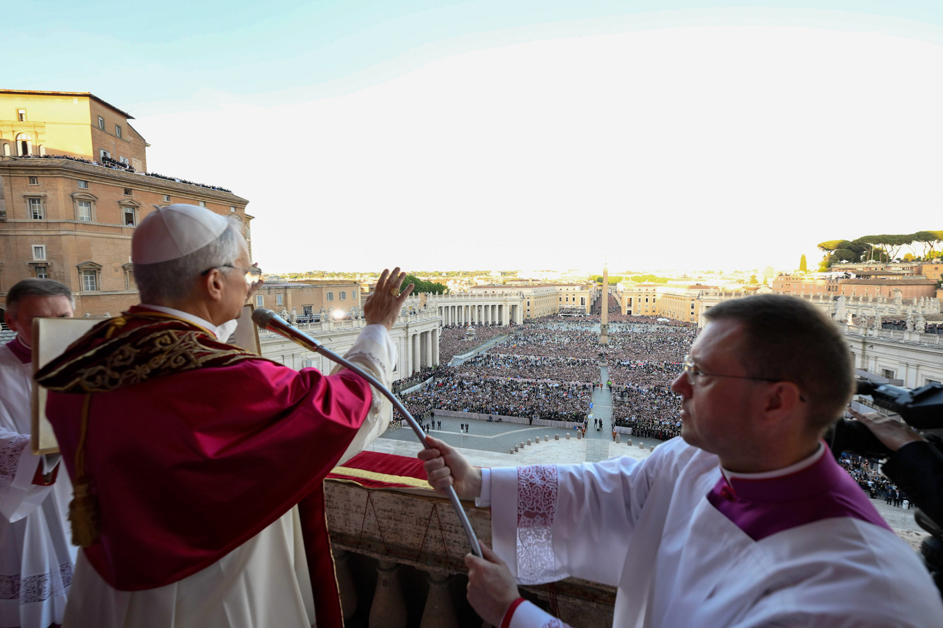 Pope Leo XIV, the former Cardinal Robert F. Prevost, waves to the crowds in St. Peter's Square at the Vatican after his election as pope May 8, 2025. The new pope was born in Chicago. (CNS photo/Vatican Media)