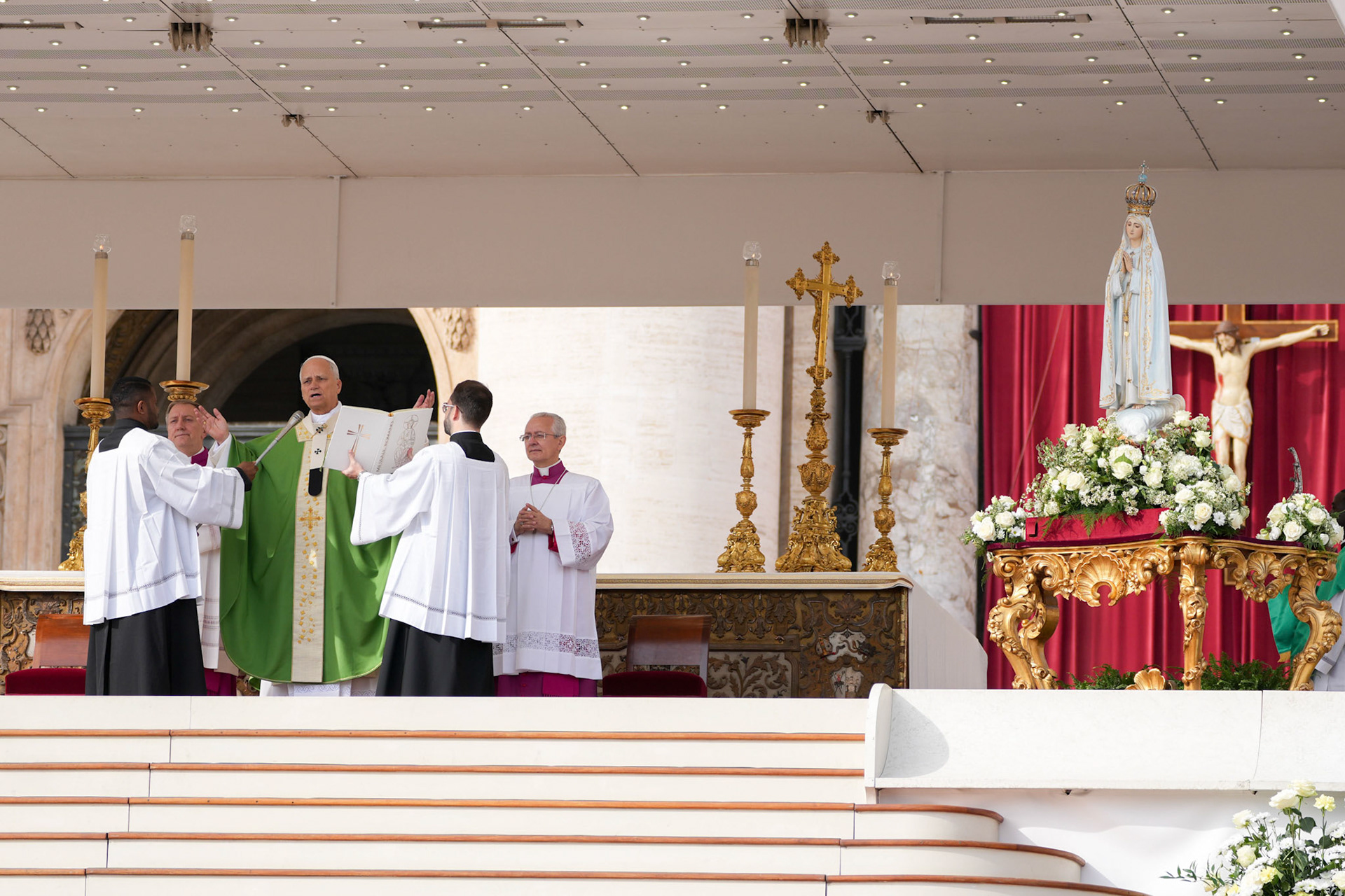 Pope Leo XIV celebrates Mass in St. Peter’s Square at the Vatican Oct. 12, 2025, as part of the Jubilee of Marian Spirituality, with the original statue of Our Lady of Fatima displayed near the altar. (CNS photo/Lola Gomez)