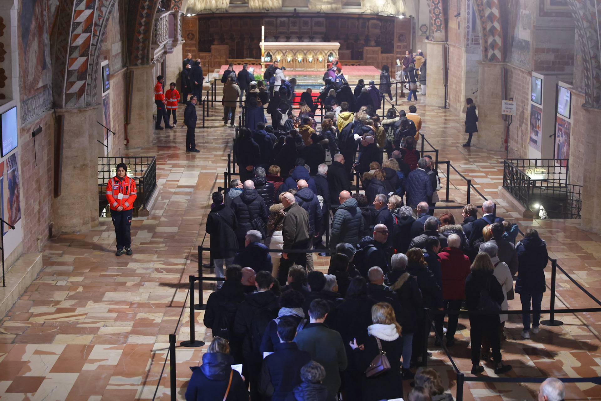 Pilgrims wait in line to venerate the relics of St. Francis in the Lower Church of the Basilica of St. Francis of Assisi during a historic, monthlong public veneration, which ran from Feb. 22 to March 22, 2026. (OSV News photo/courtesy Basilica of St. Francis of Assisi)