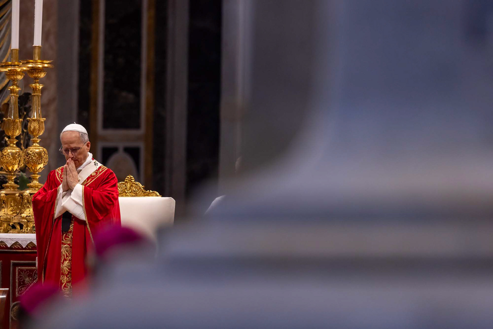 Pope Leo XIV prays during Mass marking the feast of Sts. Peter and Paul at St. Peter’s Basilica in the Vatican June 29, 2025. (CNS photo/Pablo Esparza)