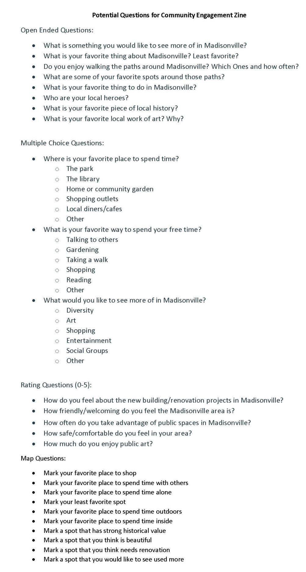 List of potential questions for each type to use in the zine