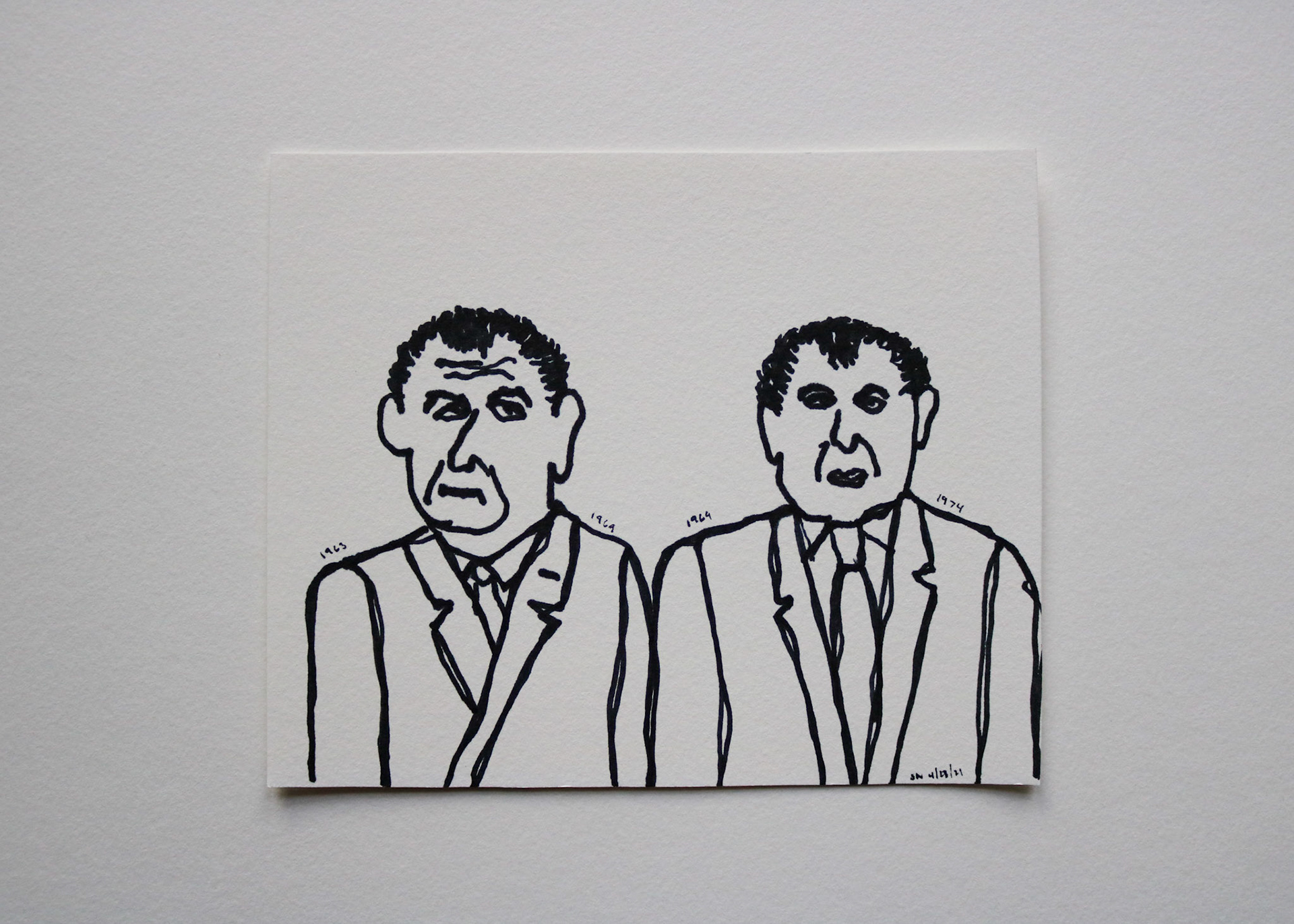 Lyndon Johnson & Richard Nixon / Black Marker on White Card Stock / 7 x 6 in