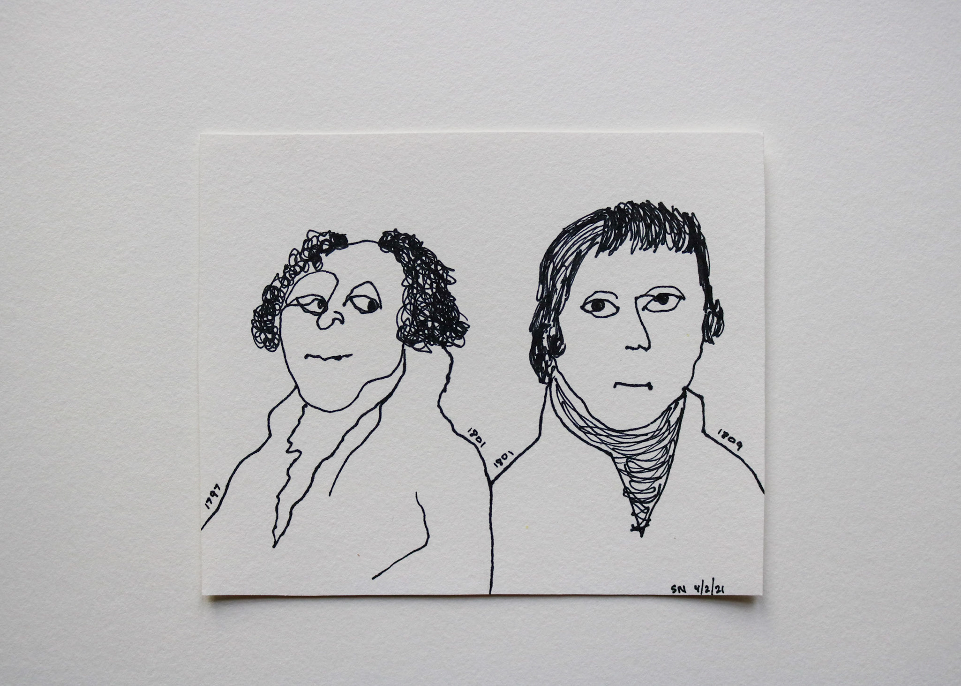 Thomas Jefferson & John Adams / Black Marker on White Card Stock / 7 x 6 in