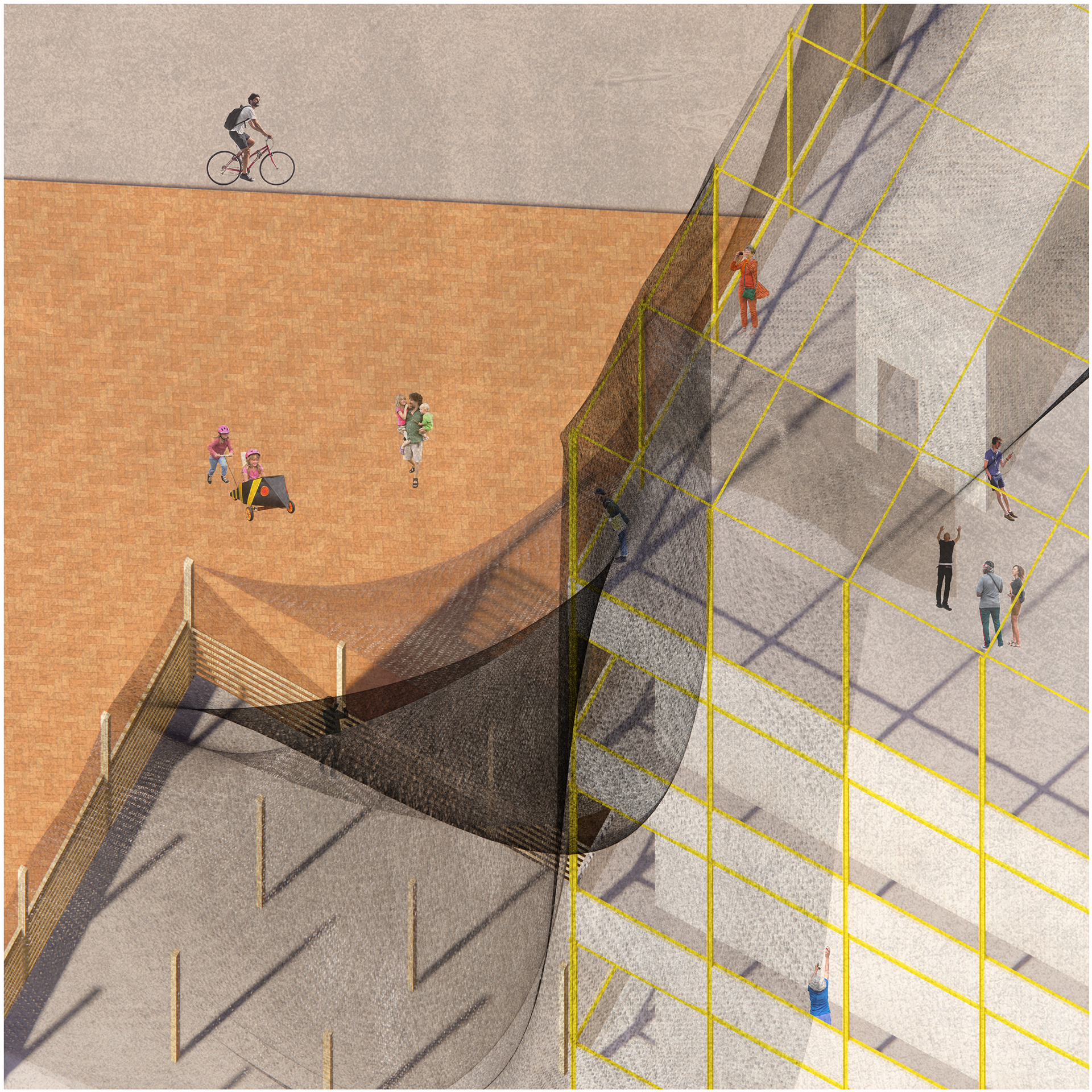 Users are encouraged to manipulate the building's facade in live time by pulling on a network of tracks and pulleys that connect the building to the chain mail curtain.