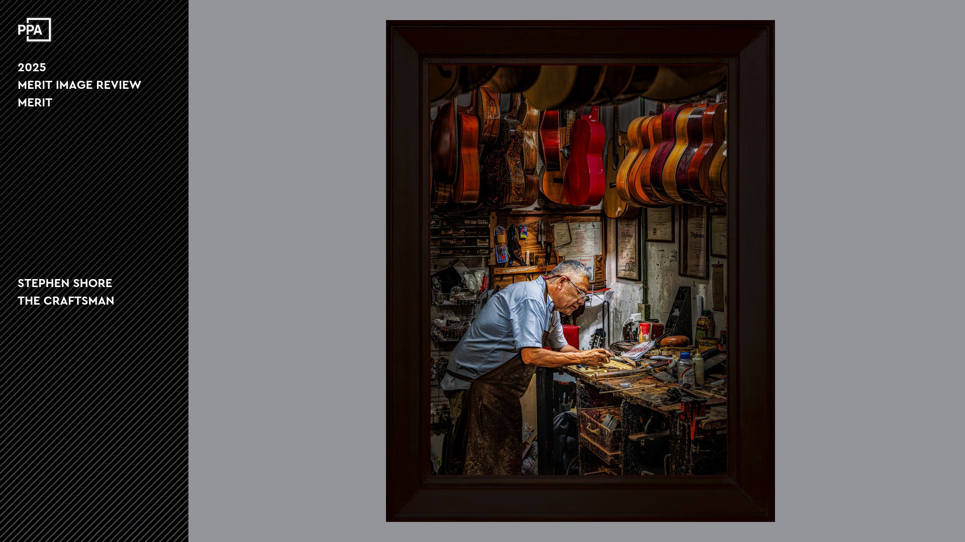 A candid portrait of a guitar maker/repairer in a Mexico City mercado.