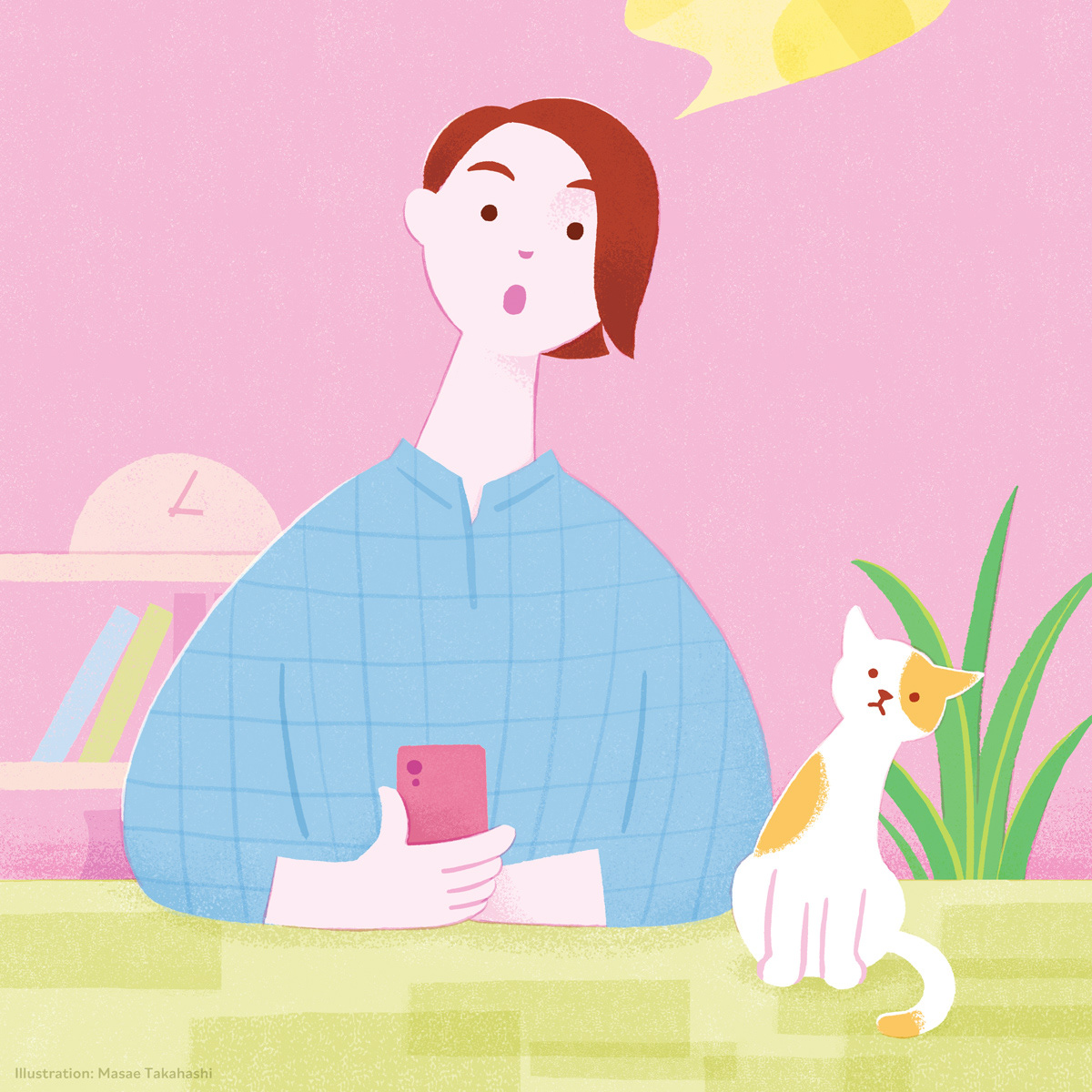 「もしかして脳疲労?」と首をかしげている女性&猫