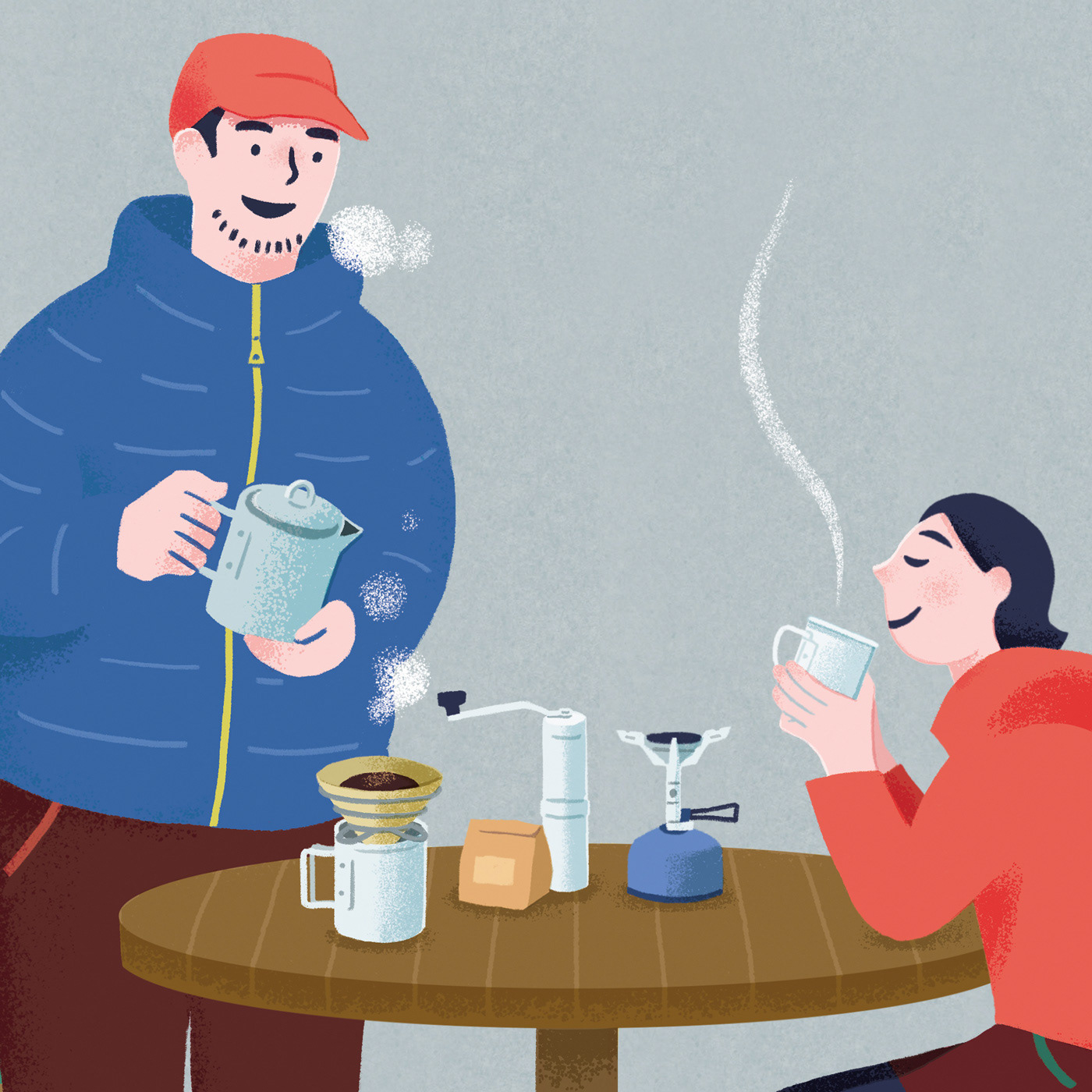 登山用のコンパクトなコーヒー器具。シンプルなタッチながらも、細部にこだわって描きました。