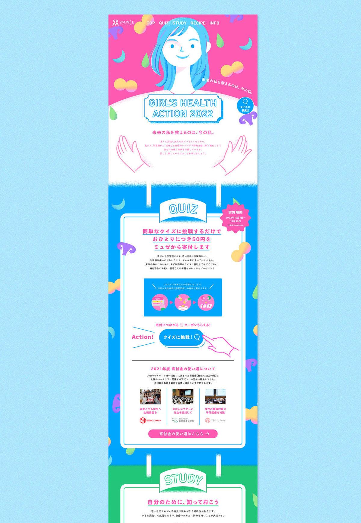 ページデザイン。女性のからだのなかに入っていく(=知識を深める)イメージ。