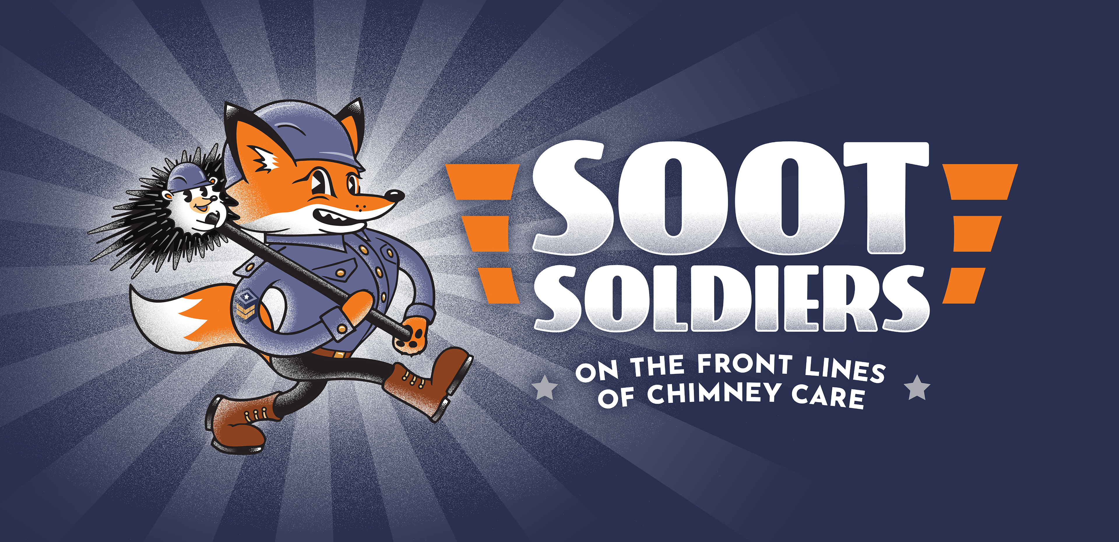 logo design for Soot Soldiers, brand identity, mascot, retro animation, cartoon, character design, visual identity, chimney sweep, chimney industry
