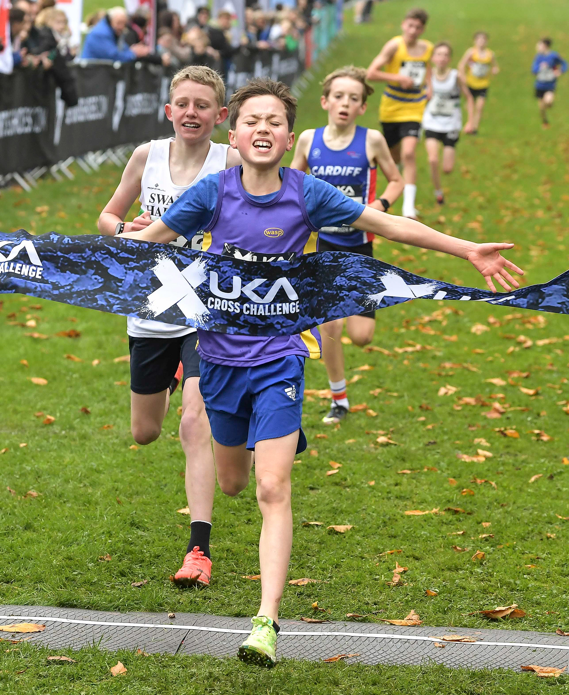 Sam Cousins of Radley AC winning the U13 boys race at the Cardiff Cross Challenge inc World Athletics Cross Country Tour (Gold Label), Llandaff Fields, Cardiff, Wales on the 9th November 2024