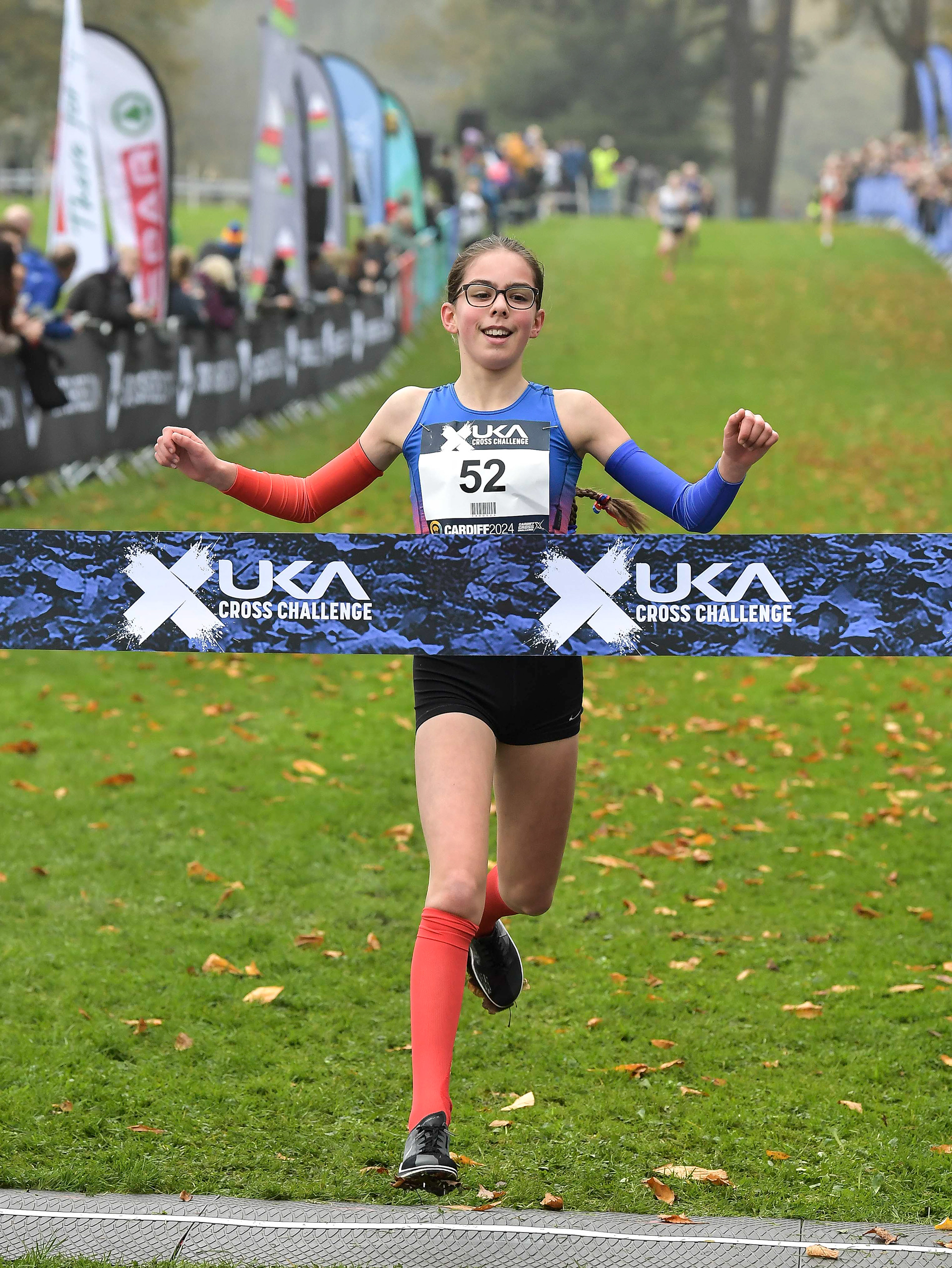Madison Kindler of Brentwood Beagles Athletics Club competing in the U13 girls race at the Cardiff Cross Challenge inc World Athletics Cross Country Tour (Gold Label), Llandaff Fields, Cardiff, Wales on the 9th November 2024